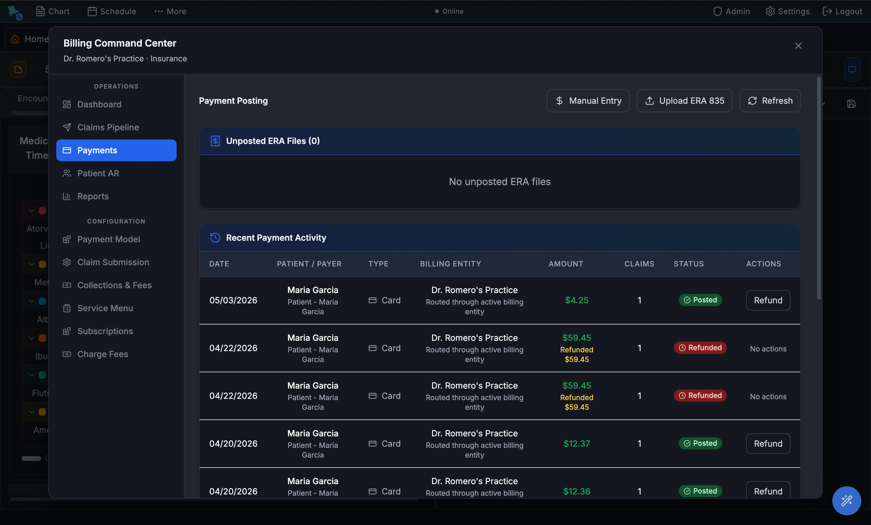 Billing Command Center Payments tab showing manual entry, ERA upload, recent payment activity, posted card payments, and refund actions