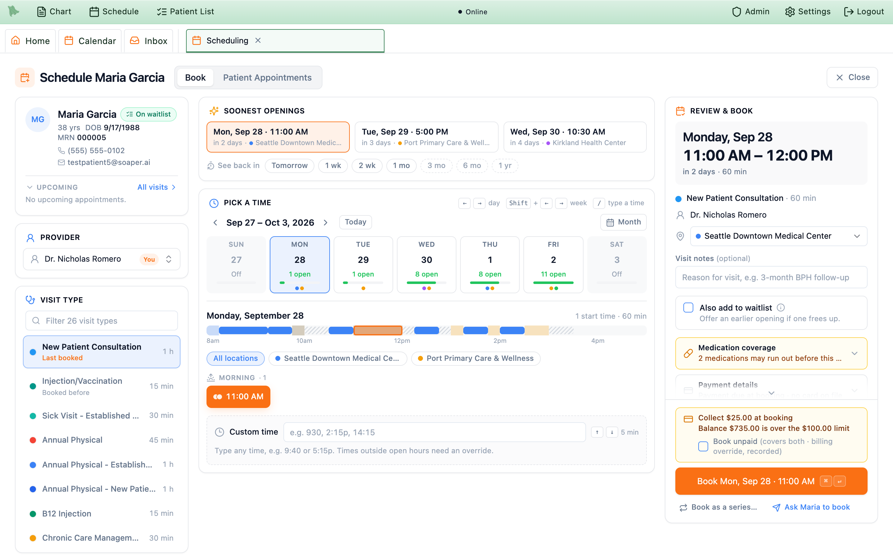 The scheduler for Maria Garcia with a soonest opening selected and the Review and Book column showing the visit, location, a payment notice and the Book button with the day and time