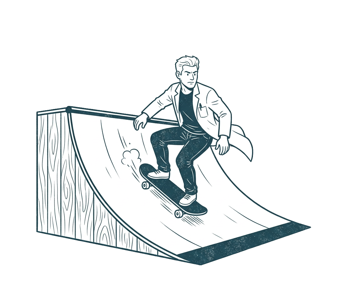 Physician skateboarding off a giant ramp, representing the growth trajectory of a new practice