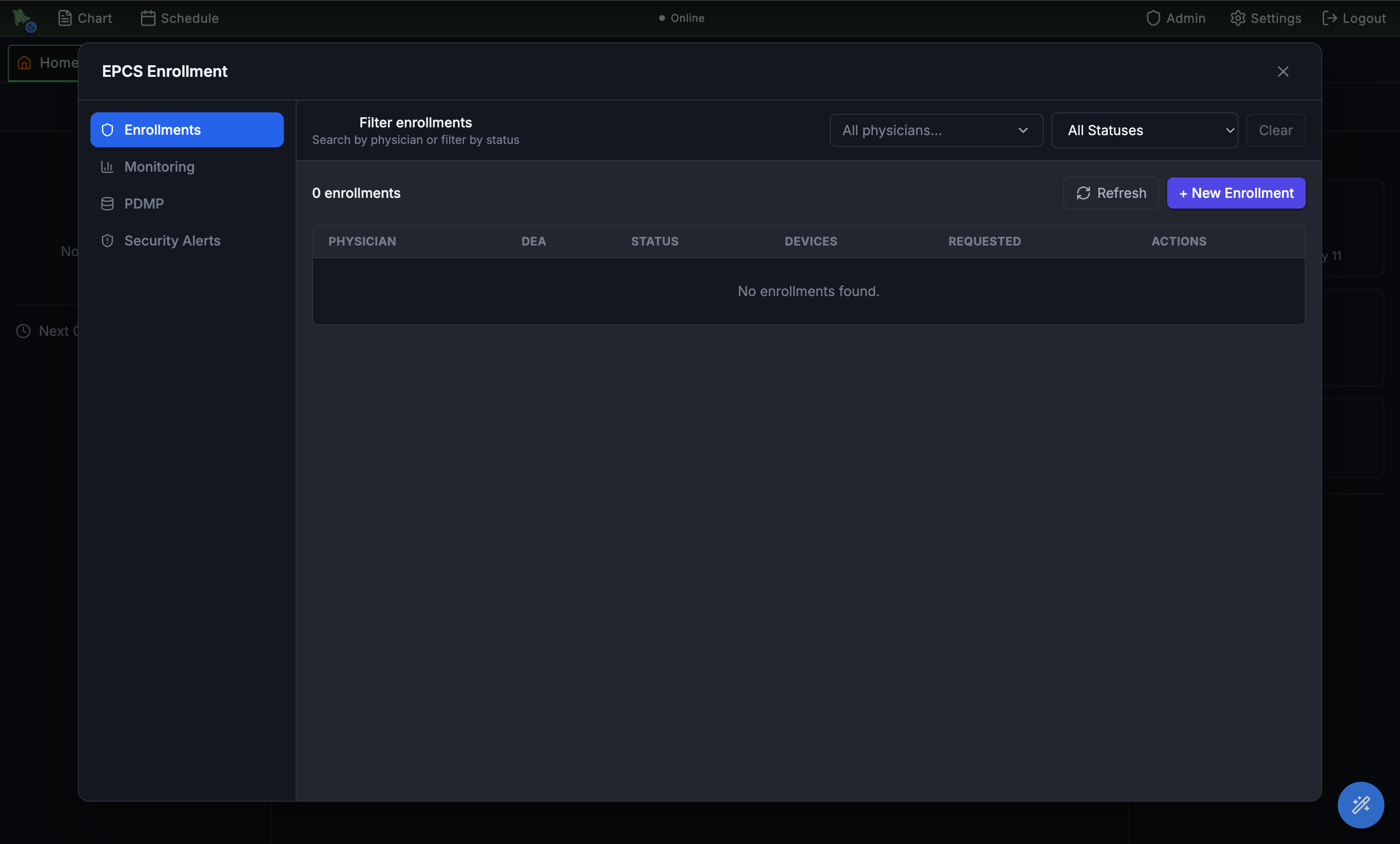 EPCS Enrollment modal with sidebar tabs Enrollments, Monitoring, PDMP, and Security Alerts; main pane shows the enrollments table with physician, DEA, status, devices, and requested columns