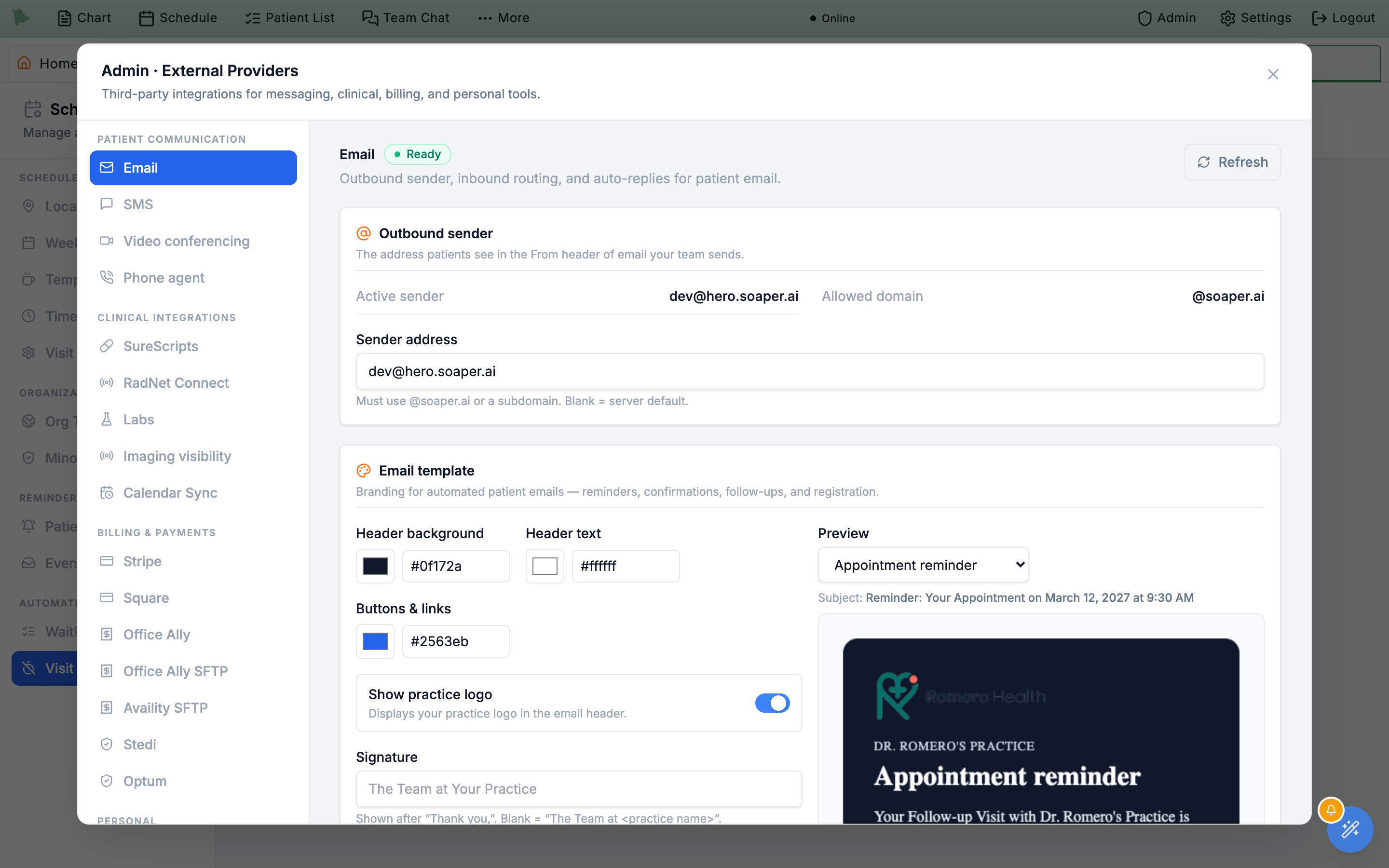 Admin · External Providers modal grouped into Patient Communication, Clinical Integrations, Billing & Payments, and Personal sections with the Email tab open