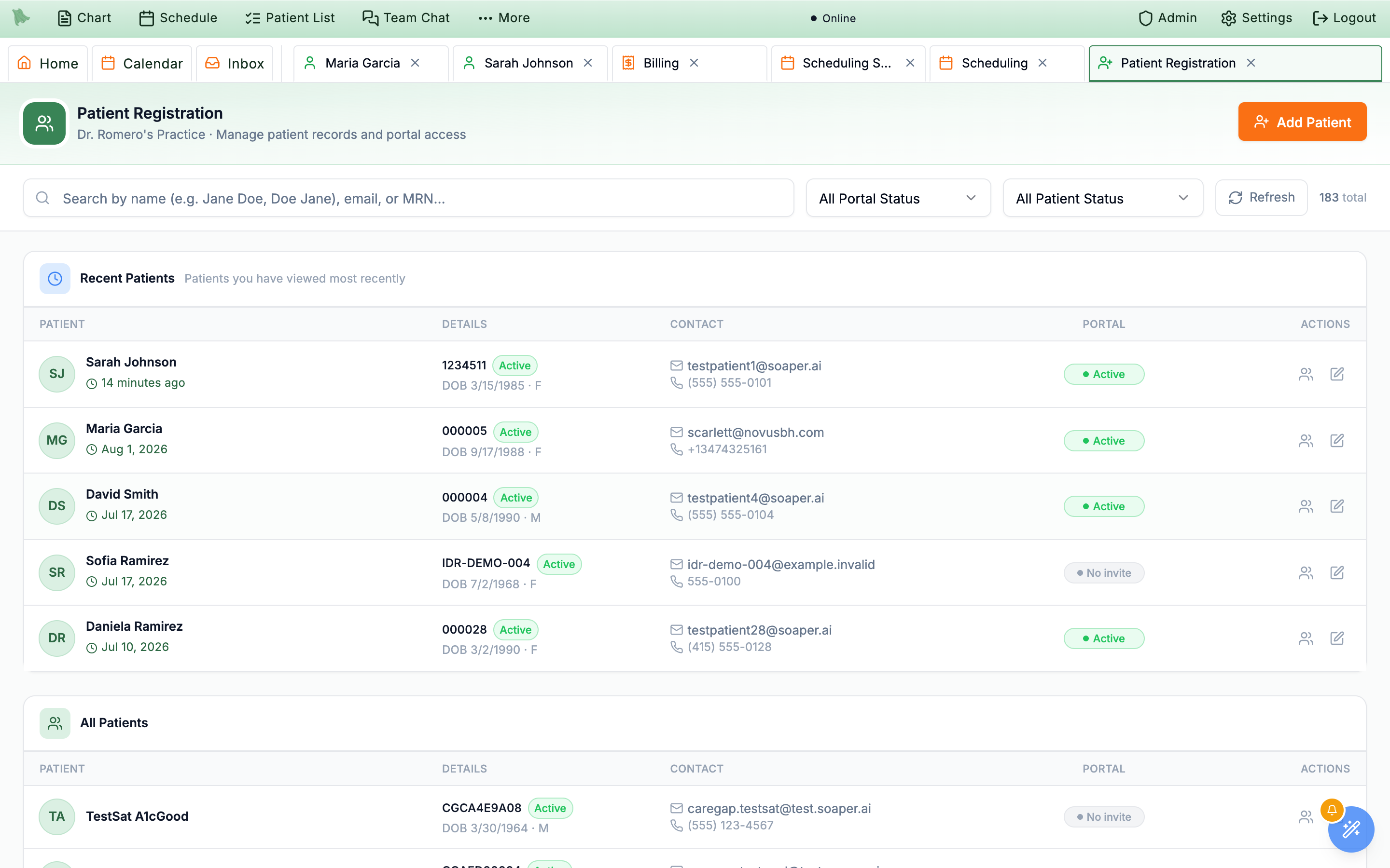Patient Registration workspace tab with search, an All Portal Status filter, an All Patient Status filter, and a list of patients showing name, DOB, email, phone, MRN, a clickable portal badge, and an Edit action
