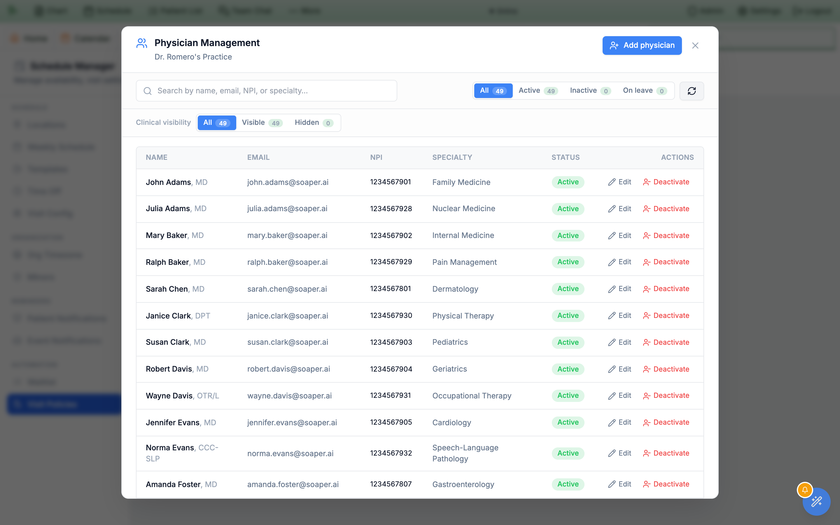Physician Management modal with a search box, All/Active/Inactive/On leave status pills, a Clinical visibility filter row, and a table of physicians showing name, email, NPI, specialty, and status badges