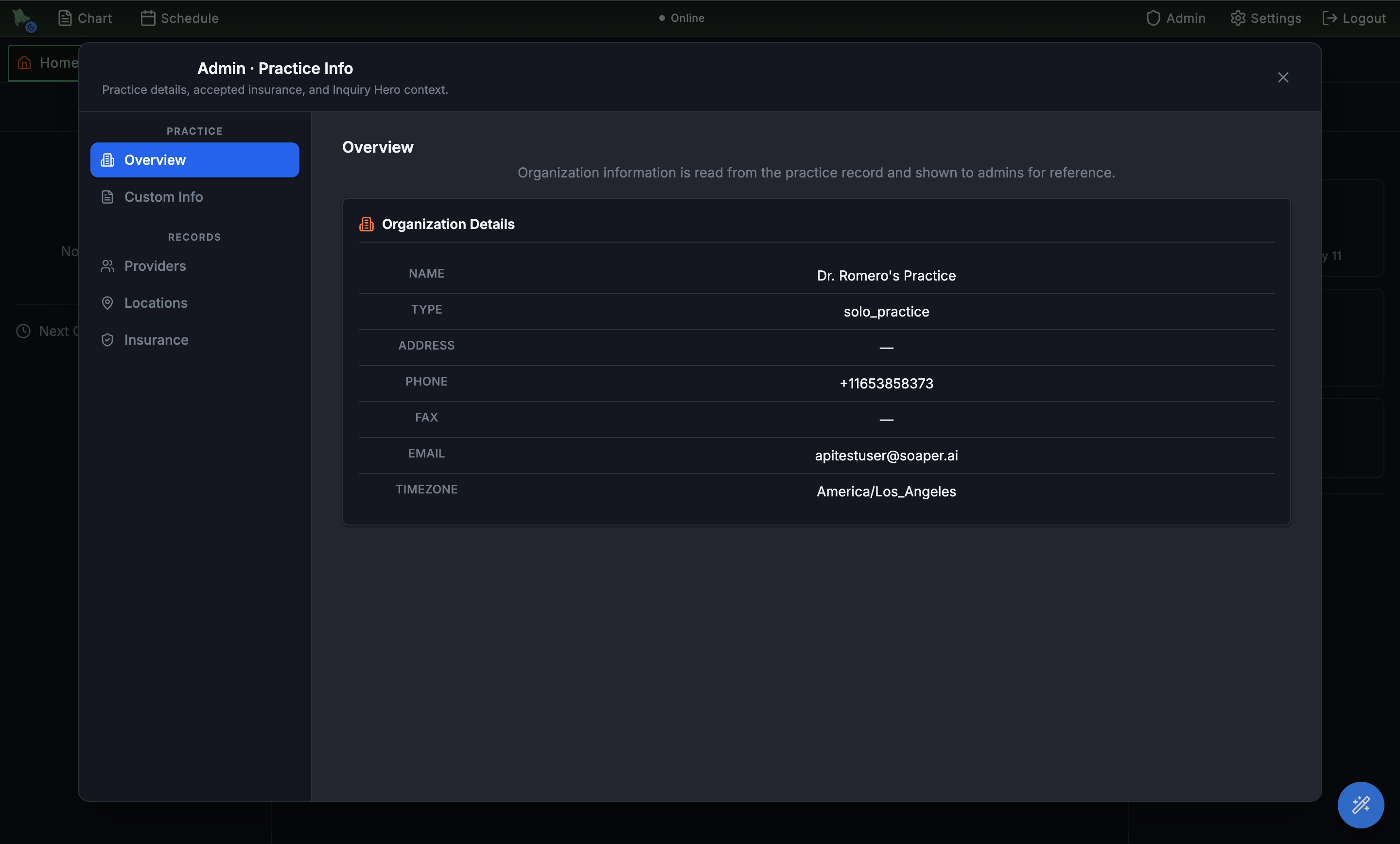 Admin · Practice Info modal showing the Overview tab with Organization Details including name, type, address, phone, fax, email, and timezone