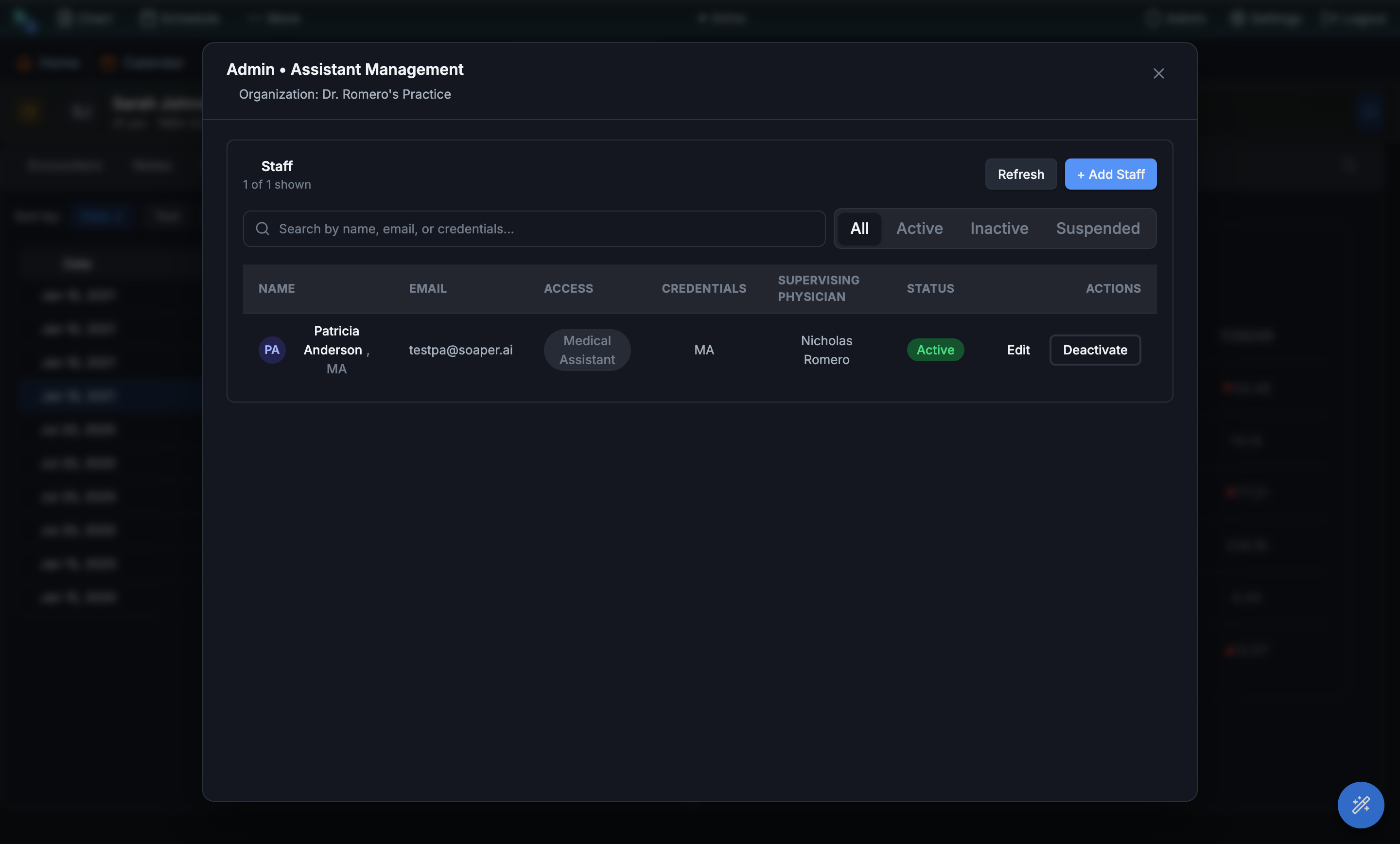 Assistant Management modal listing staff with name, email, access level, credentials, supervising physician, status, and Edit/Deactivate actions