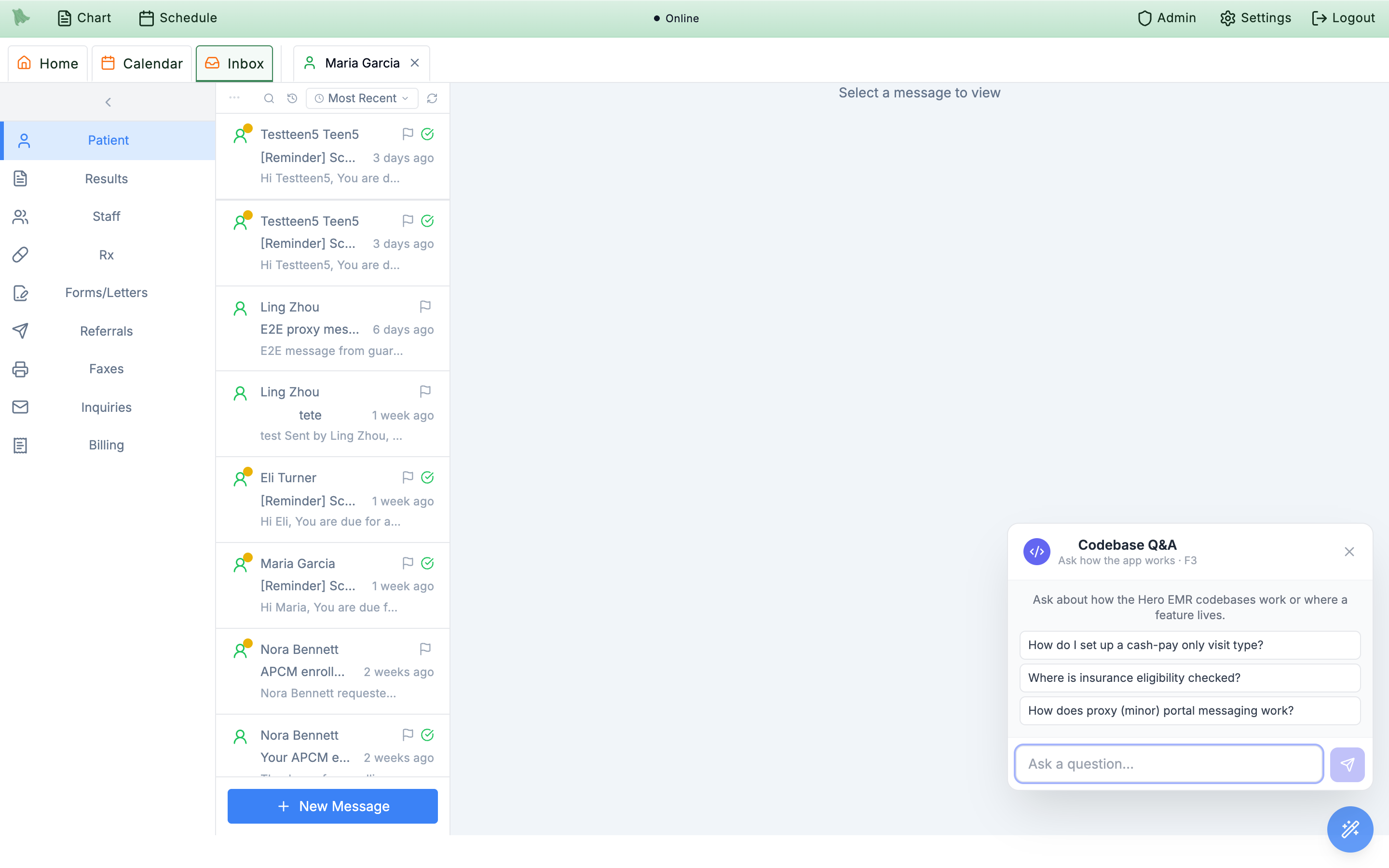 The Hero EMR Assistant panel docked at the bottom-right with the subtitle How do I&hellip;? &middot; F3, three sample question buttons, and an Ask a question input