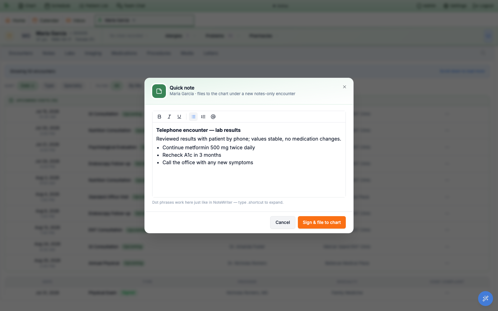 The Quick note dialog on a patient chart with a bold heading, a paragraph, and a three-item bulleted list typed using the formatting toolbar