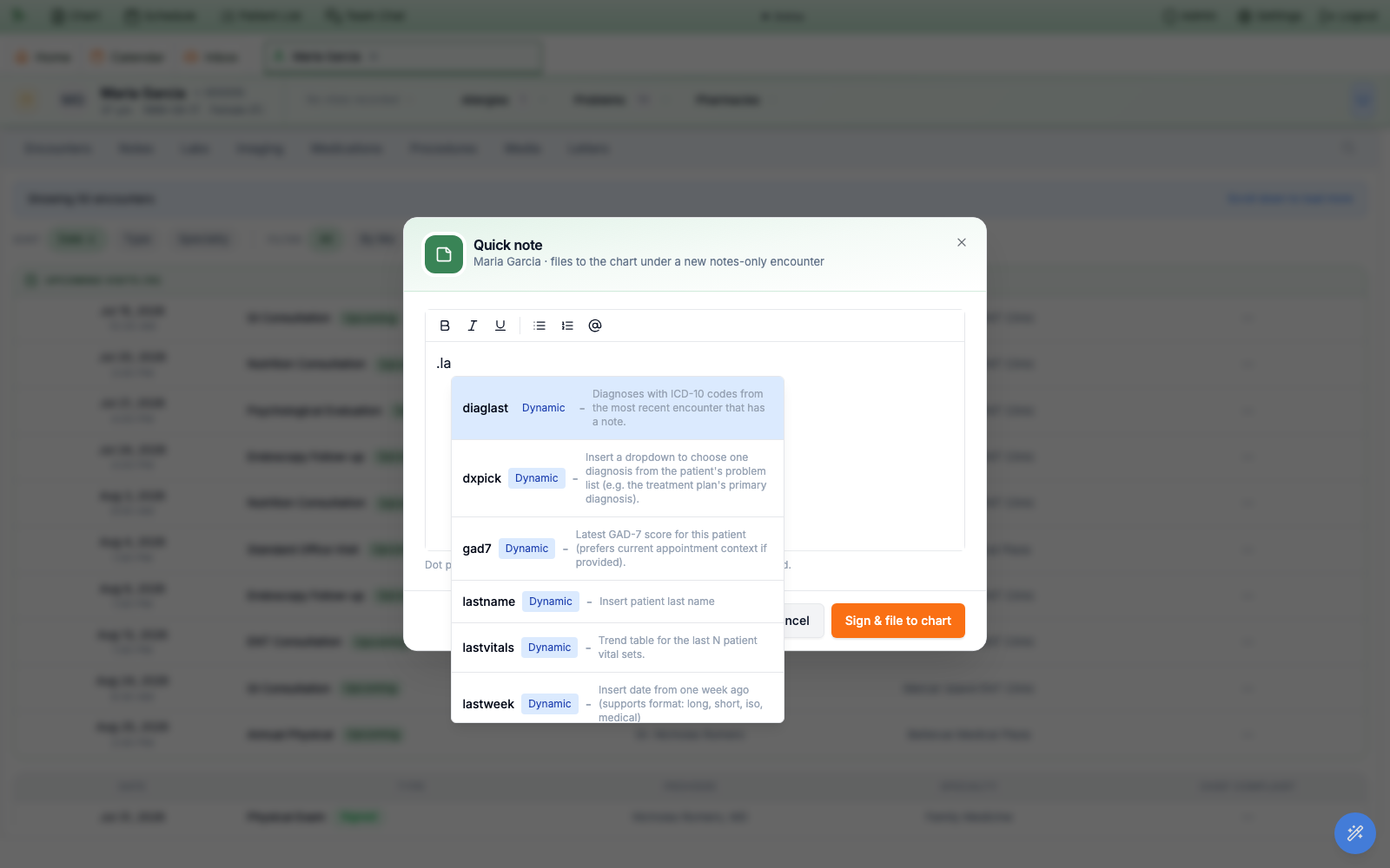 The Quick note editor showing the dot-phrase dropdown after typing a period and a couple of letters, listing dynamic phrases such as diaglast, dxpick, gad7, lastname, and lastvitals with descriptions
