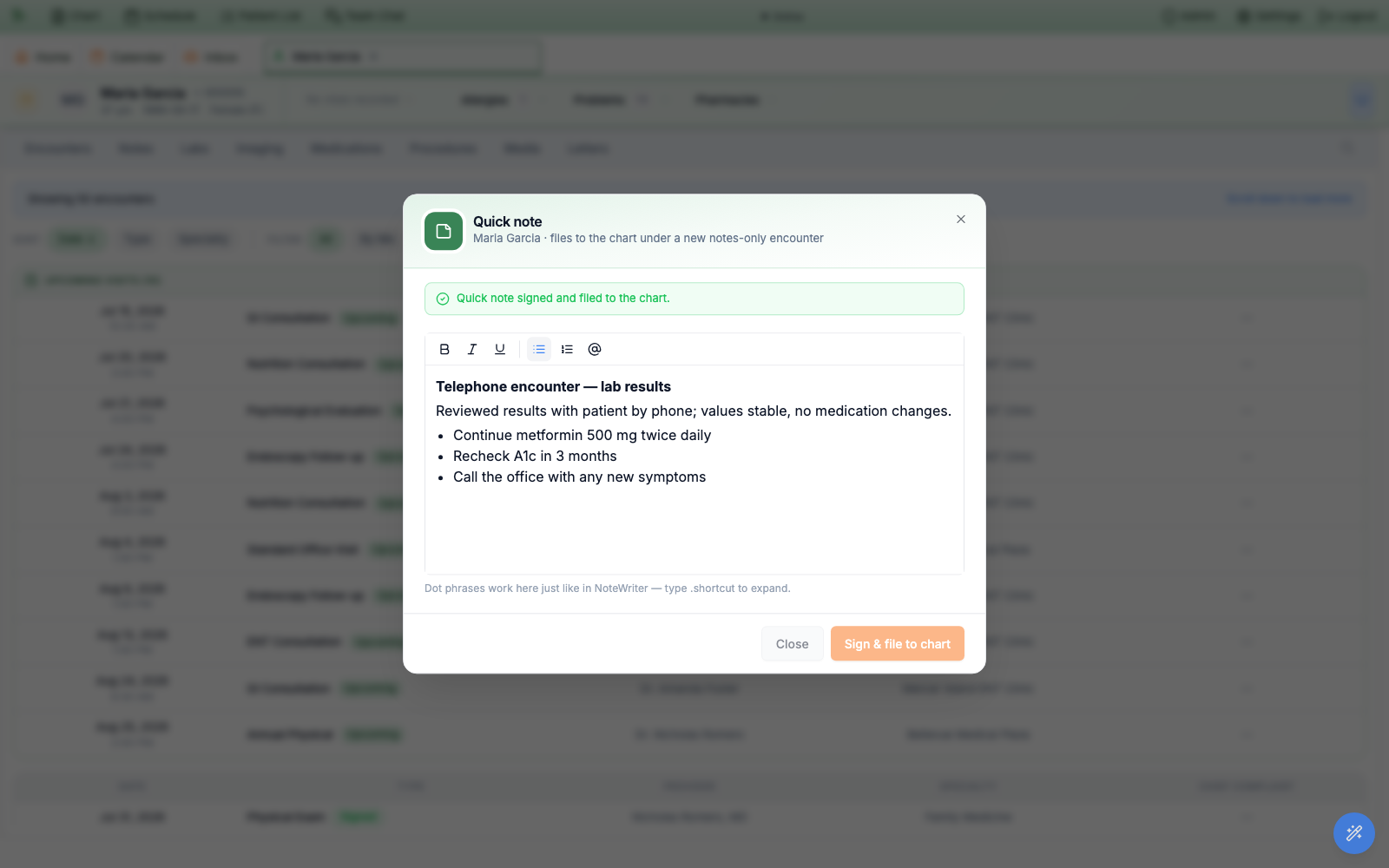 The Quick note dialog showing a green success banner reading Quick note signed and filed to the chart above the filed, formatted note content