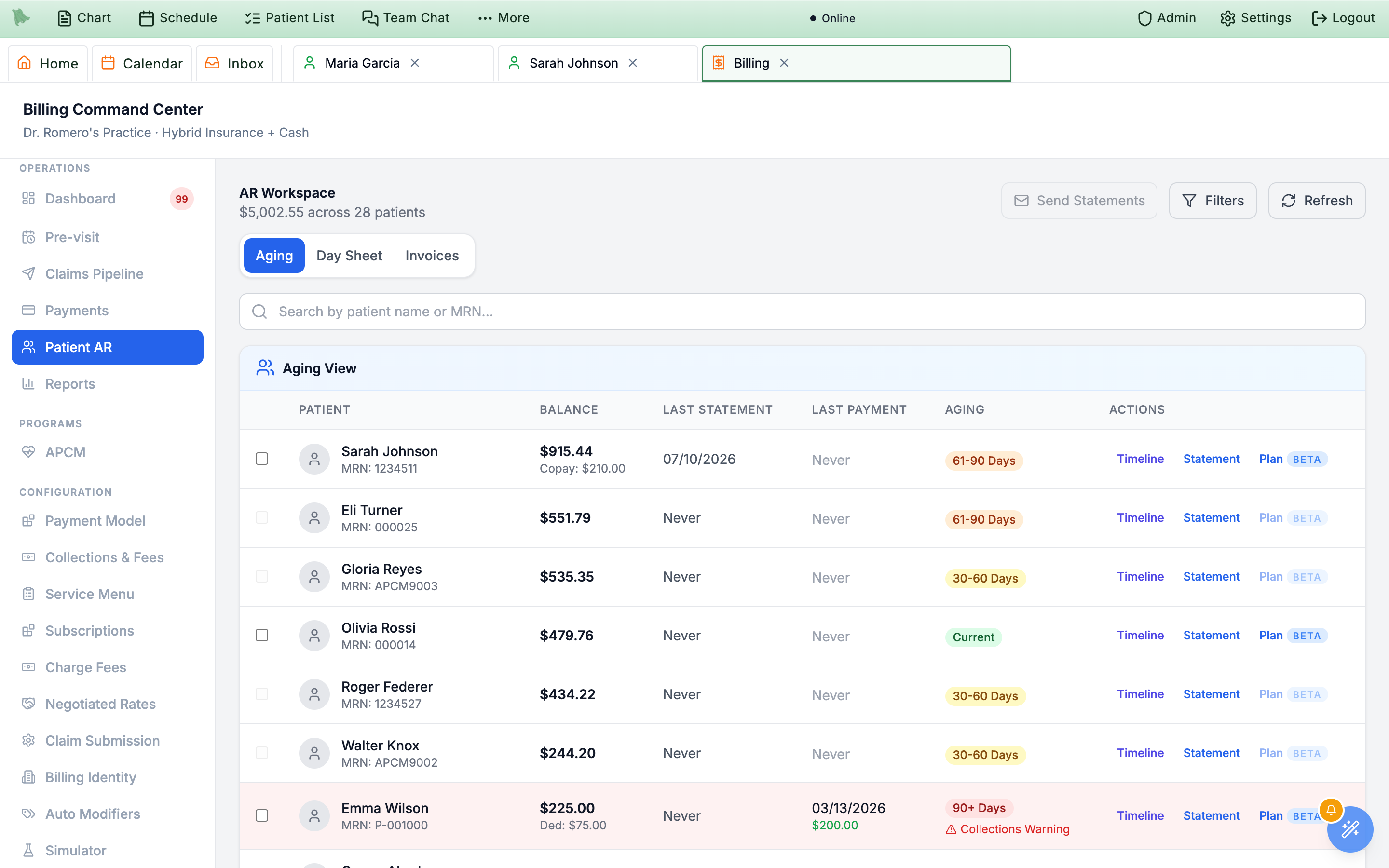 Patient AR tab with the AR Workspace header showing $1,601.51 across 10 patients, the Aging / Day Sheet toggle, and an aging table with patient balances, aging badges, and Statement and beta-badged Plan actions