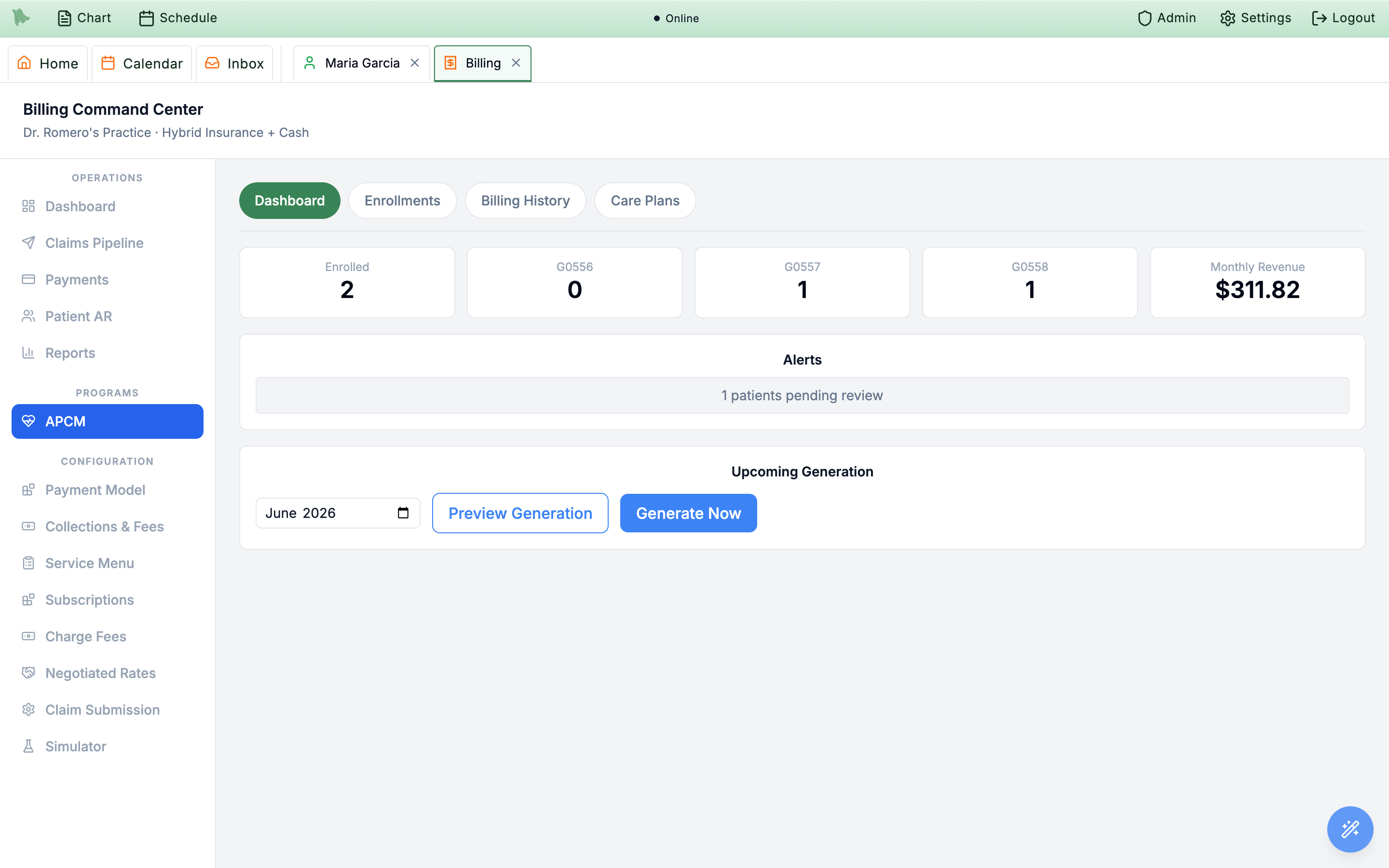 APCM program with Dashboard, Enrollments, Billing History and Care Plans sub-tabs, tier cards for Enrolled, G0556, G0557, G0558 and Monthly Revenue, an Alerts card, and an Upcoming Generation card with Preview Generation and Generate Now buttons