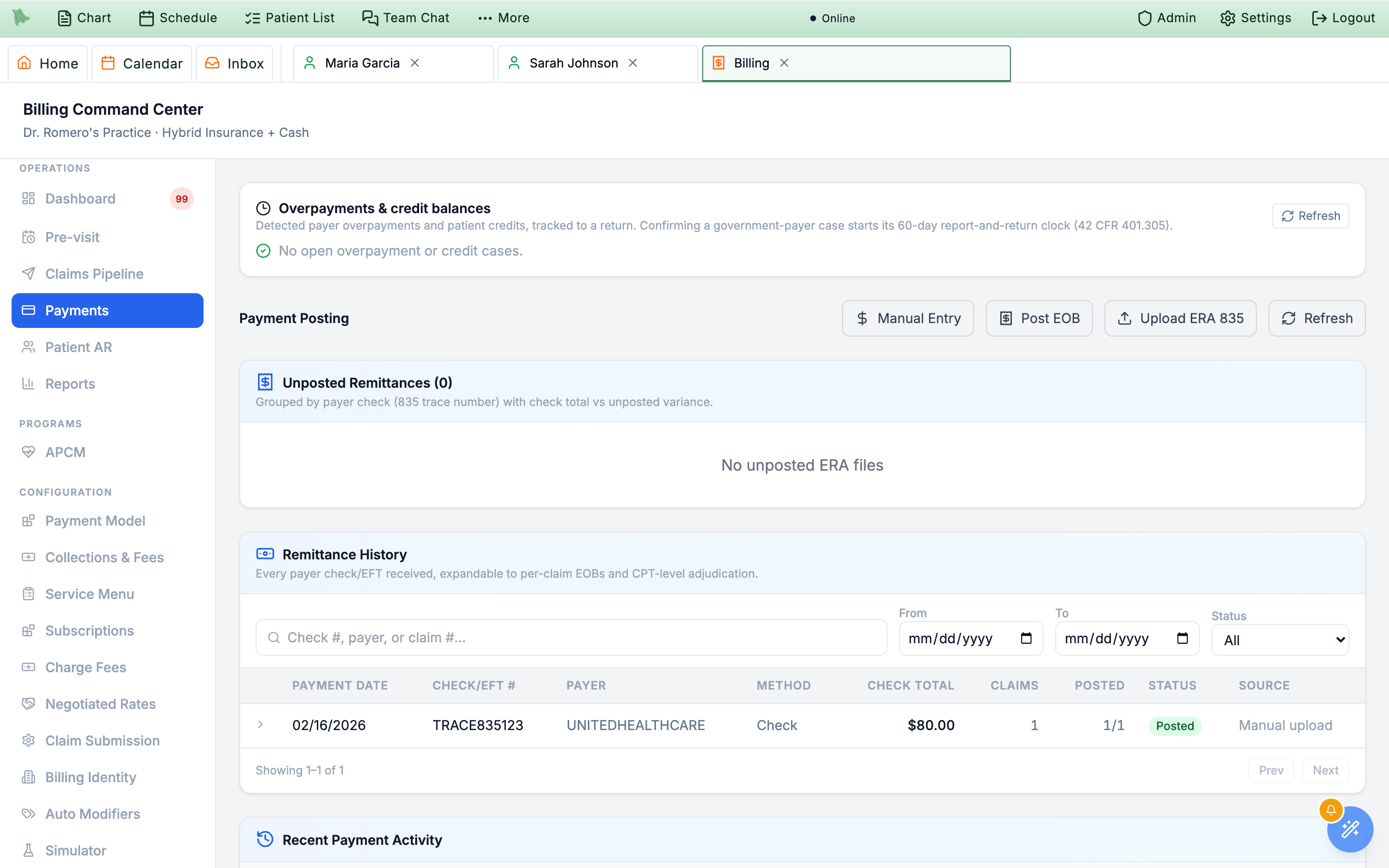 Payment Posting tab with Manual Entry and Upload ERA 835 buttons, an Unposted Remittances queue described as grouped by payer check (835 trace number) with check total vs unposted variance, and a Recent Payment Activity table with Posted statuses and per-row Refund buttons