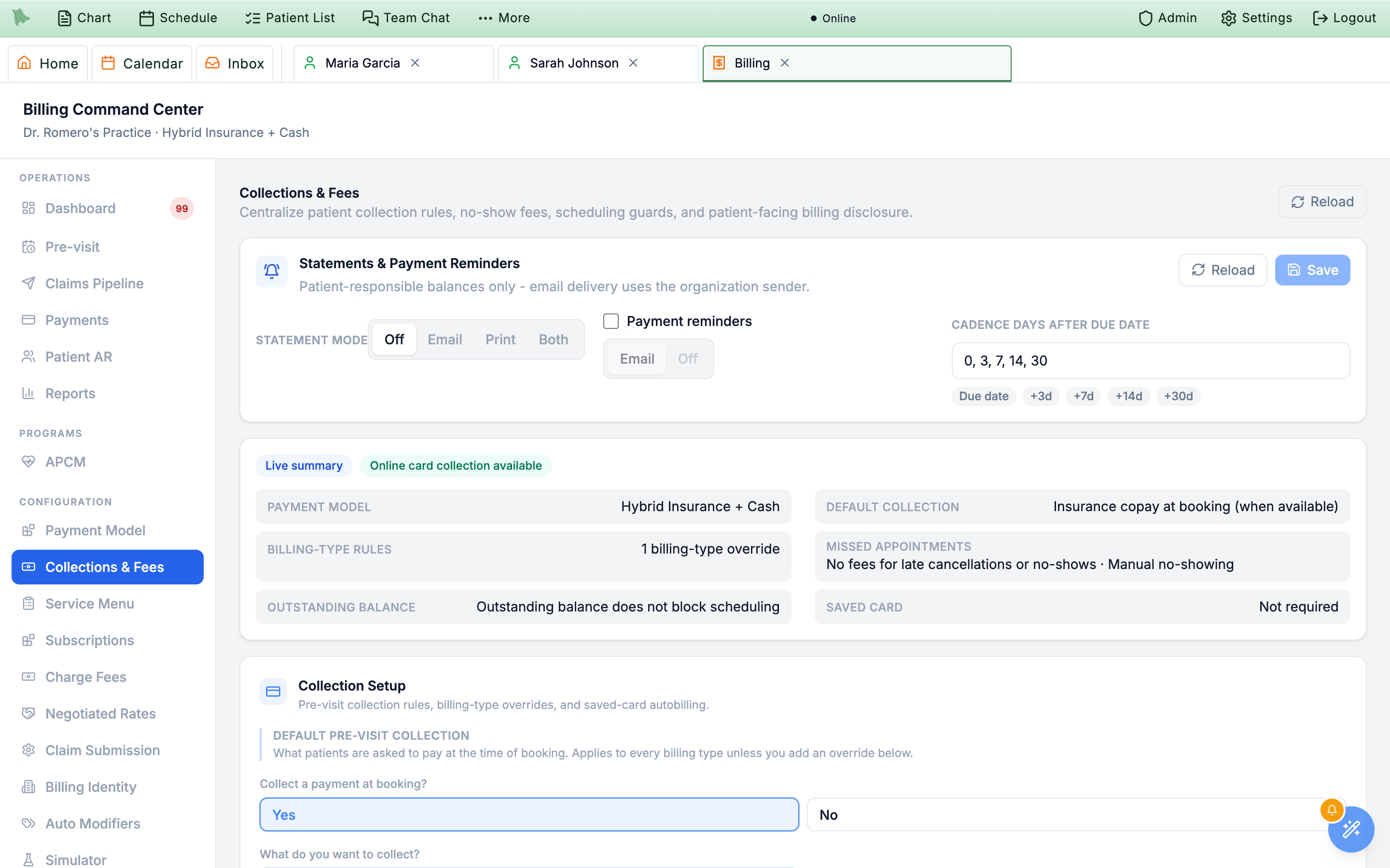 Billing Command Center with the Configuration group in the left sidebar and the Collections and Fees live summary showing payment model, default collection, billing-type rules, missed appointments, outstanding balance, and saved card