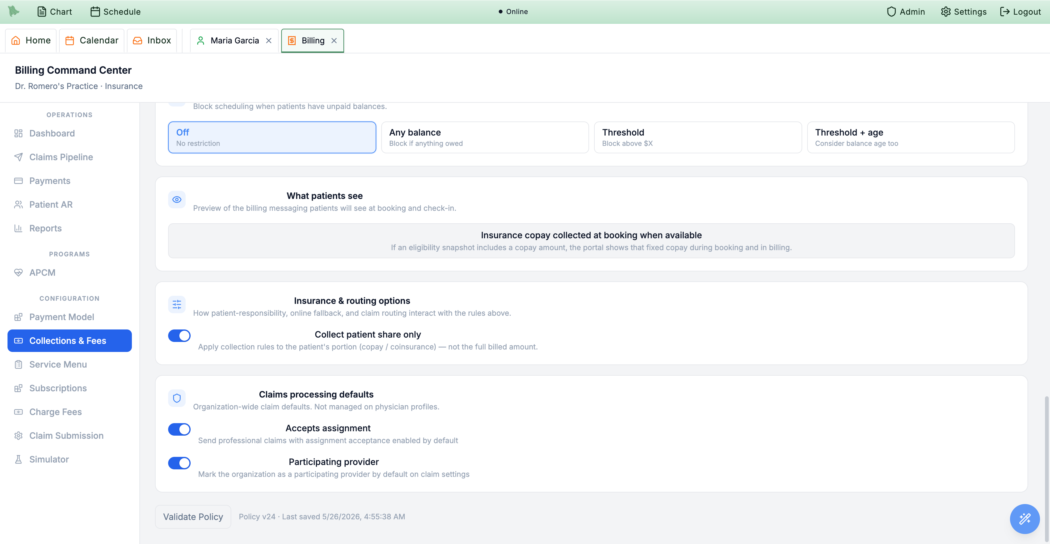 Collections and Fees lower half showing outstanding balance and scheduling options, the what-patients-see preview, insurance and routing options with collect patient share only, and claims processing defaults for accepts assignment and participating provider