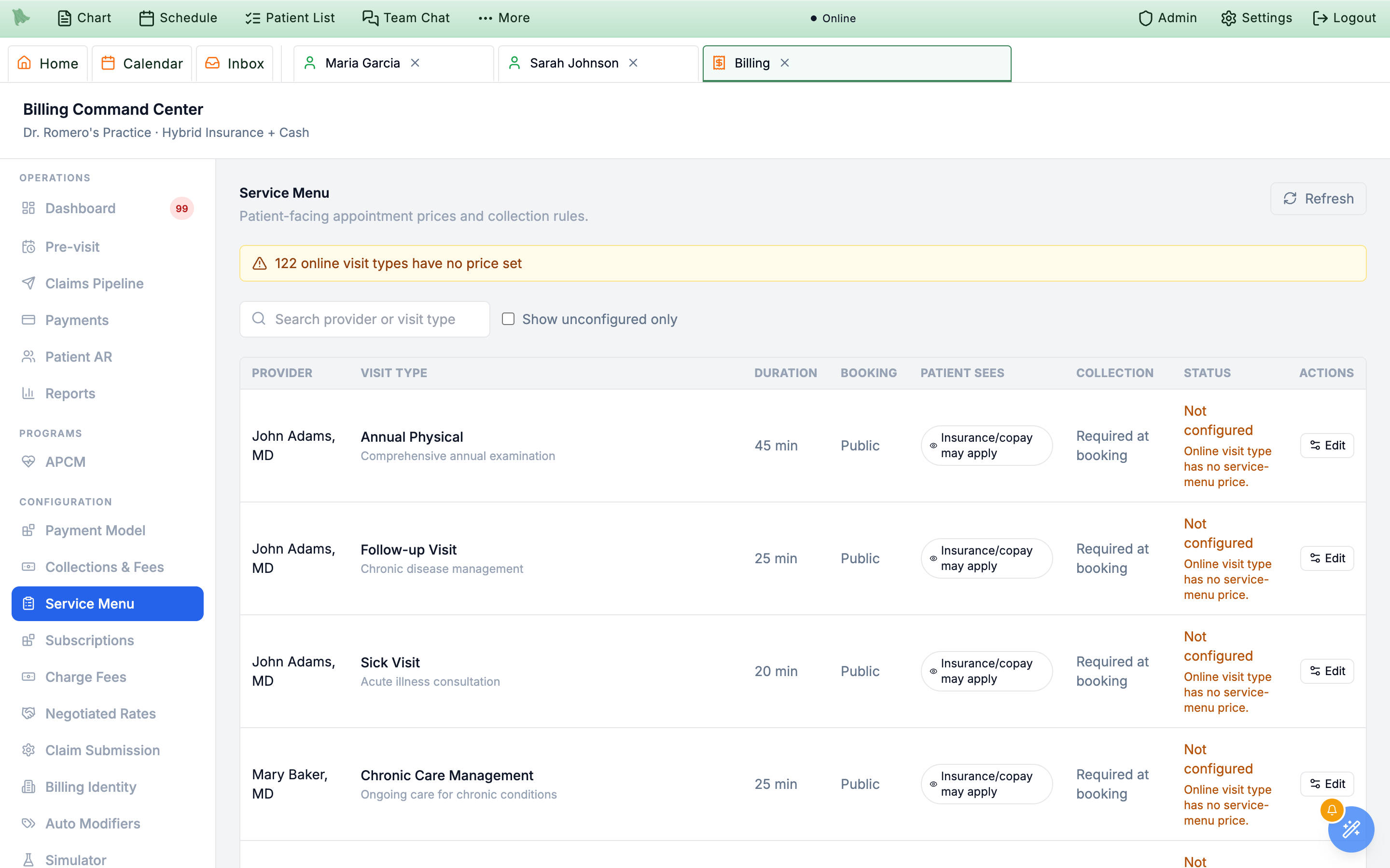 Service Menu table listing provider, visit type, duration, booking availability, what the patient sees, collection rule, status, and an edit action per service