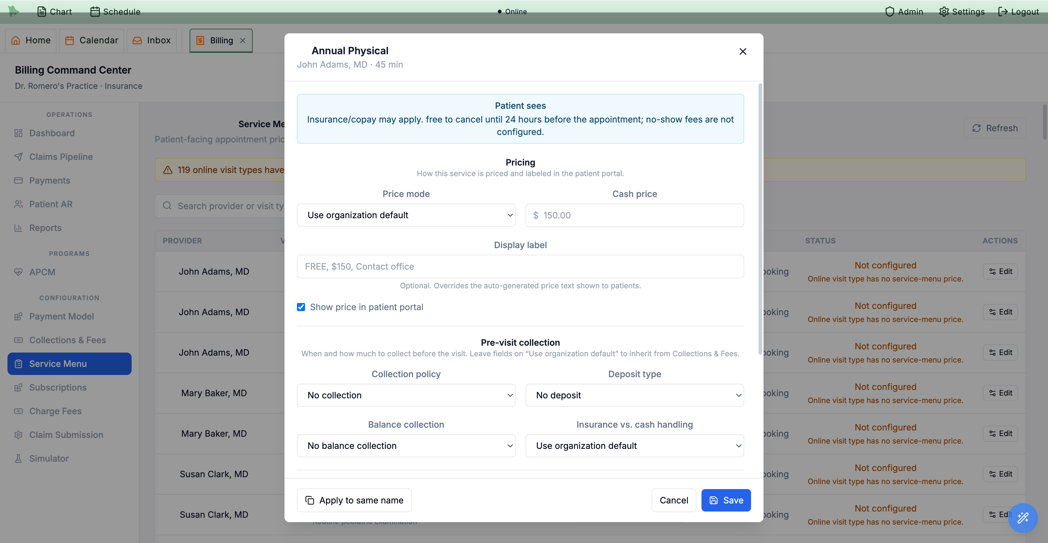 Service editor showing Price mode set to Use organization default, cash price, display label, show price in patient portal, and the pre-visit collection options