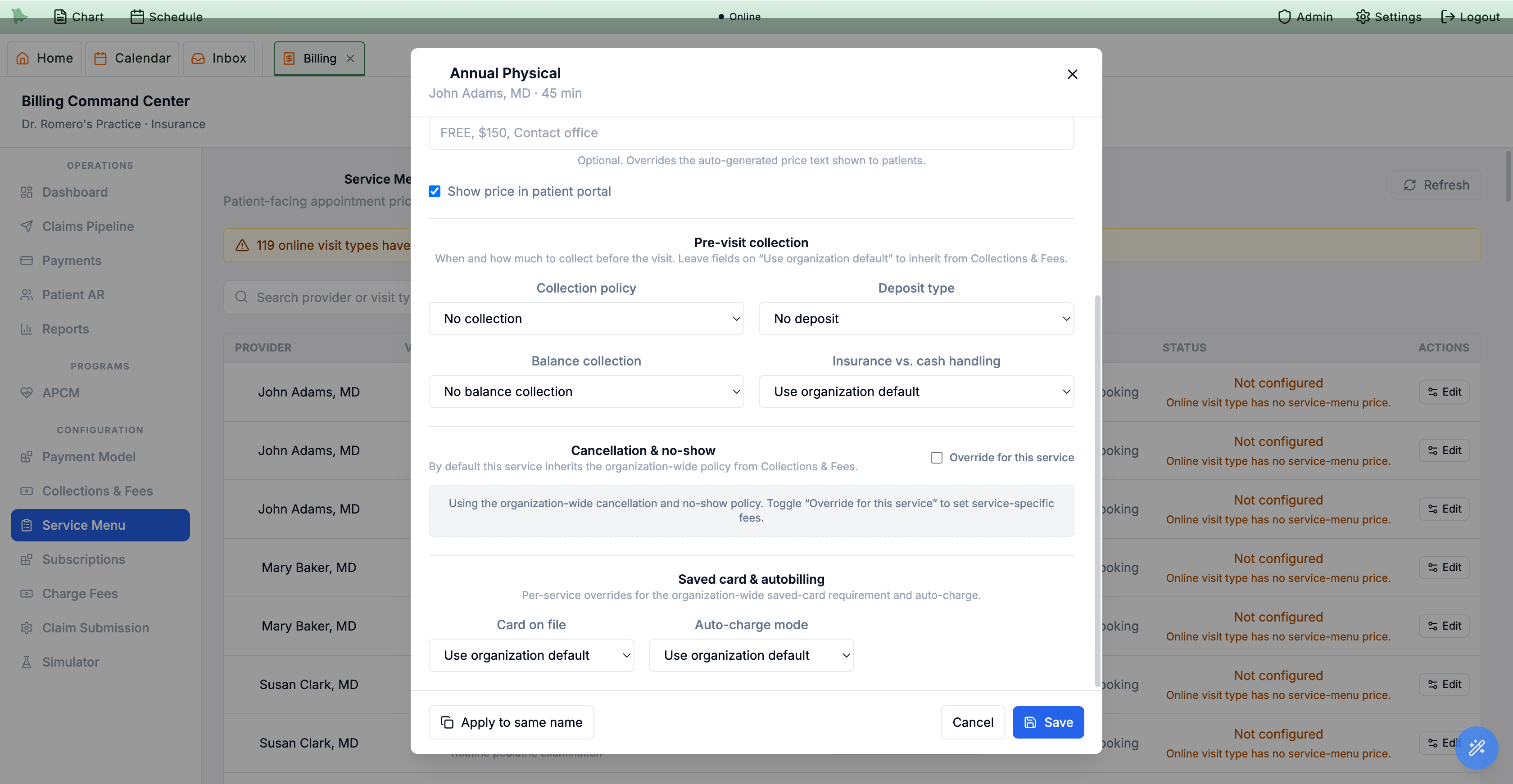 Service editor lower half showing the Override for this service toggle for cancellation and no-show, with saved card and auto-charge mode set to Use organization default
