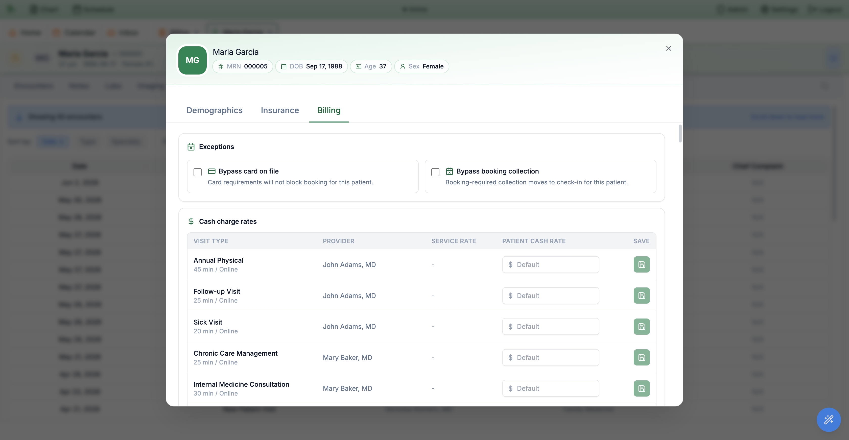 Patient demographics dialog on the Billing tab showing the Exceptions section with bypass card on file and bypass booking collection, and the Cash charge rates table with service rate and editable patient cash rate columns