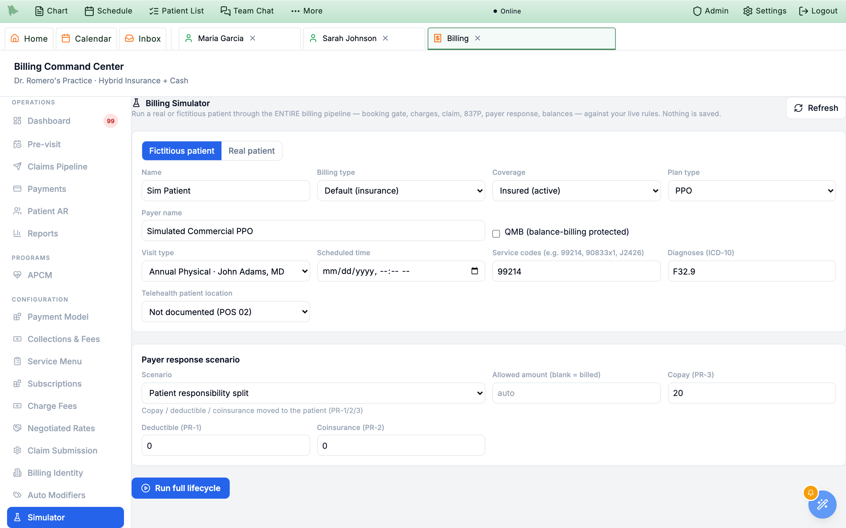 Billing Simulator with a fictitious patient configured — name, billing type, coverage, plan type, payer and QMB checkbox — above visit type, scheduled time, service codes, diagnoses and telehealth location inputs, a Payer response scenario block, the Run full lifecycle button, and the resulting stage cards from Patient and coverage through Balance and aftermath