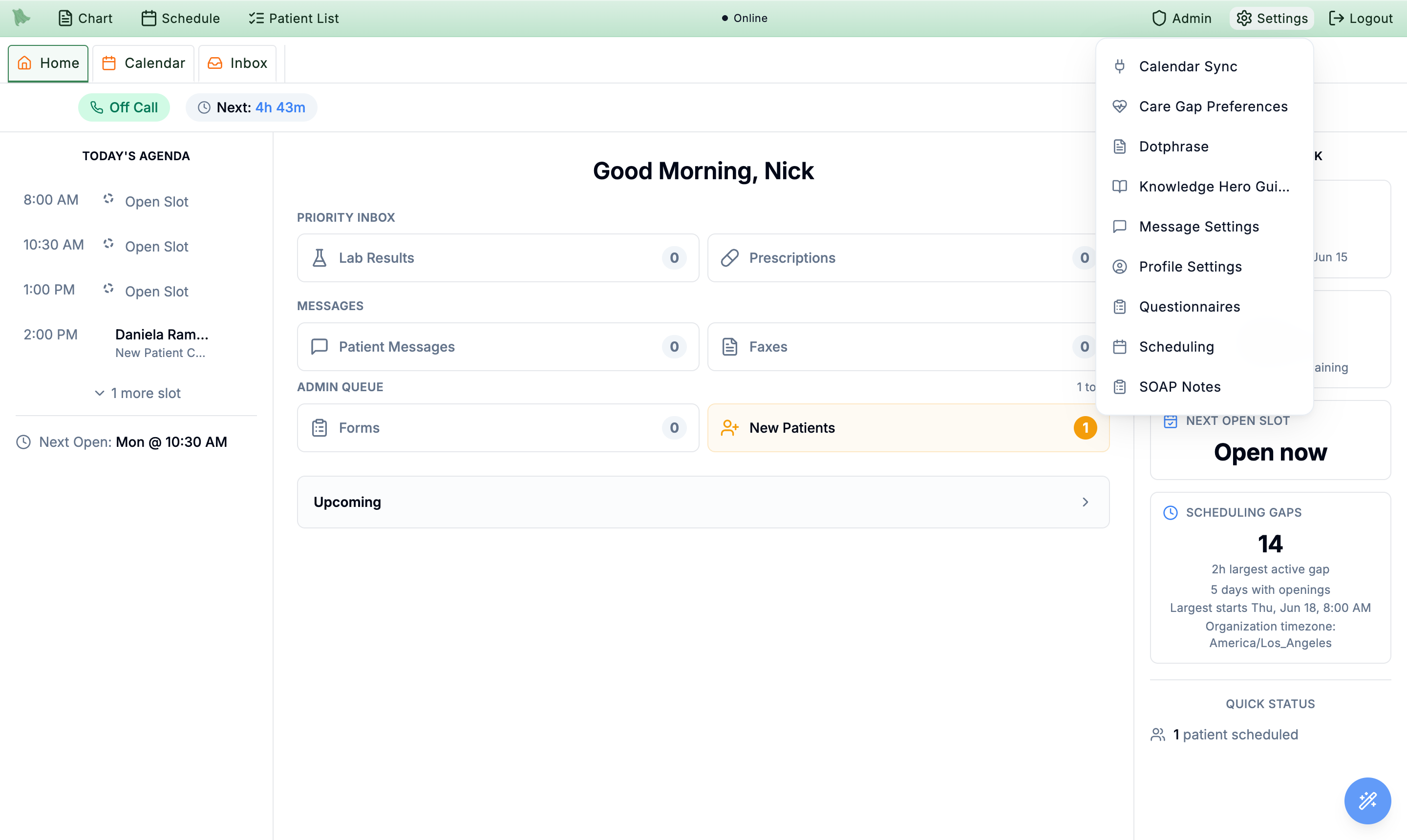 The toolbar Settings gear dropdown open with a Calendar Sync entry listed among the menu options
