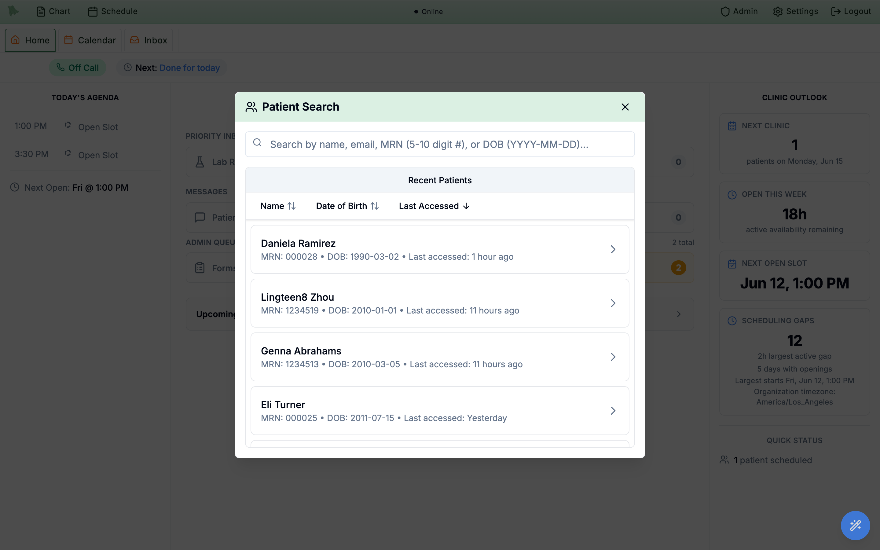 Patient Search modal showing a Recent Patients list with sort buttons for Name, Date of Birth and Last Accessed, and a search box with the placeholder Search by name, email, MRN (5-10 digit #), or DOB (YYYY-MM-DD)
