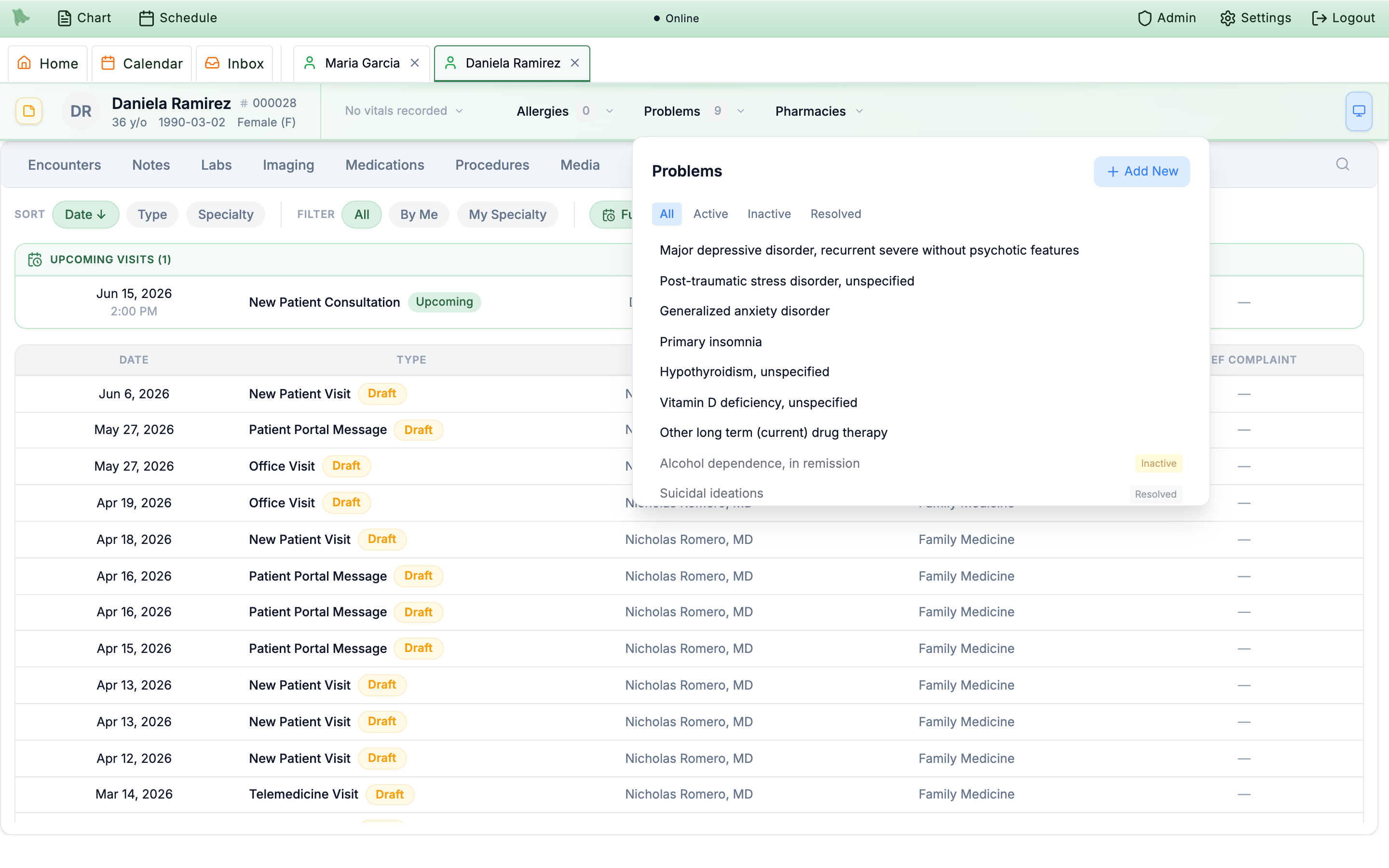 Problems dropdown open from the chart header with All, Active, Inactive and Resolved filter chips, a problem list carrying Inactive and Resolved status badges, and an Add New button