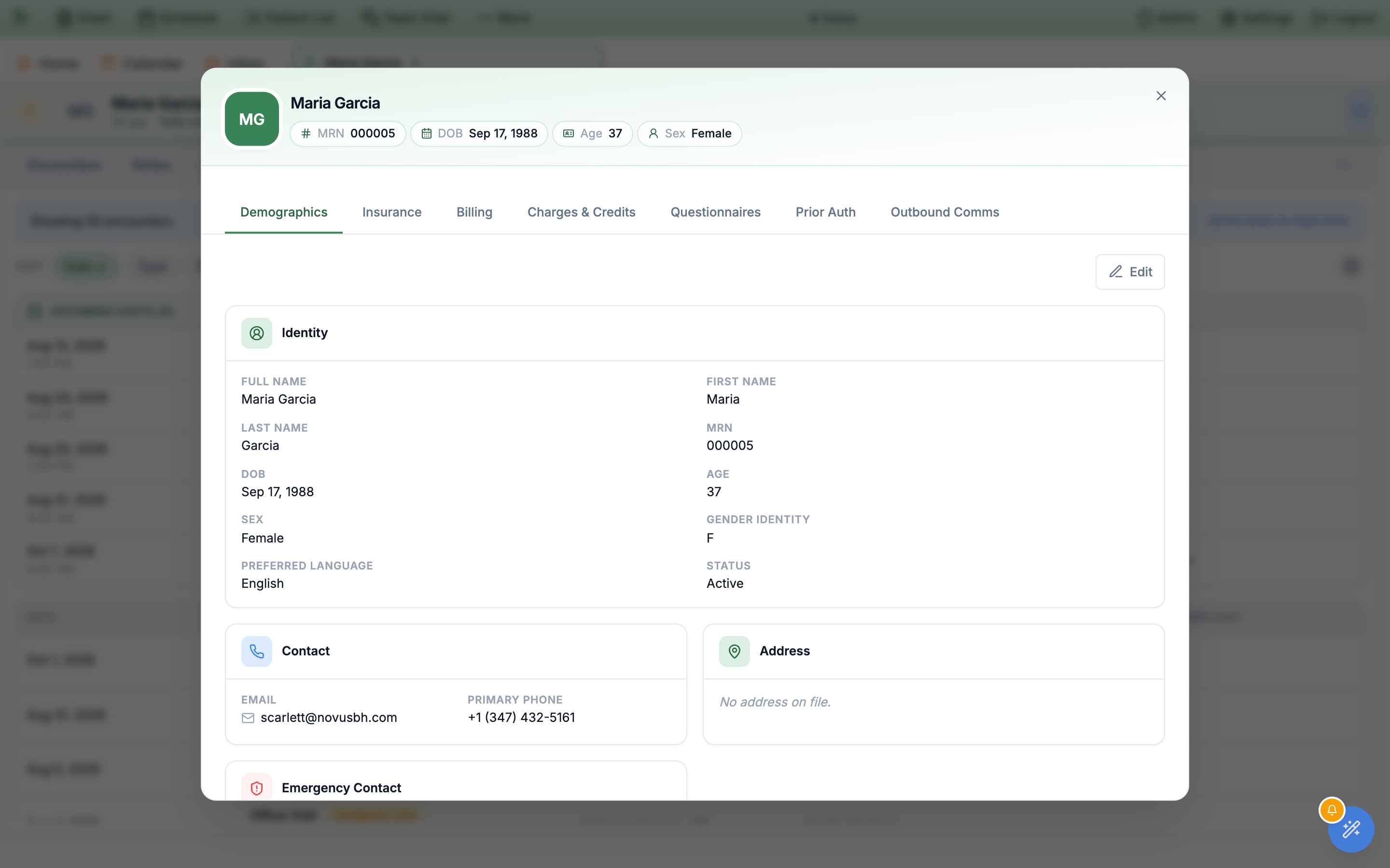 Demographics modal opened by an admin, showing all seven tabs &mdash; Demographics, Insurance, Billing, Charges & Credits, Questionnaires, Prior Auth and Outbound Comms &mdash; above the MRN, DOB, Age and Sex header chips, with the Identity, Contact and Address cards and an Edit button