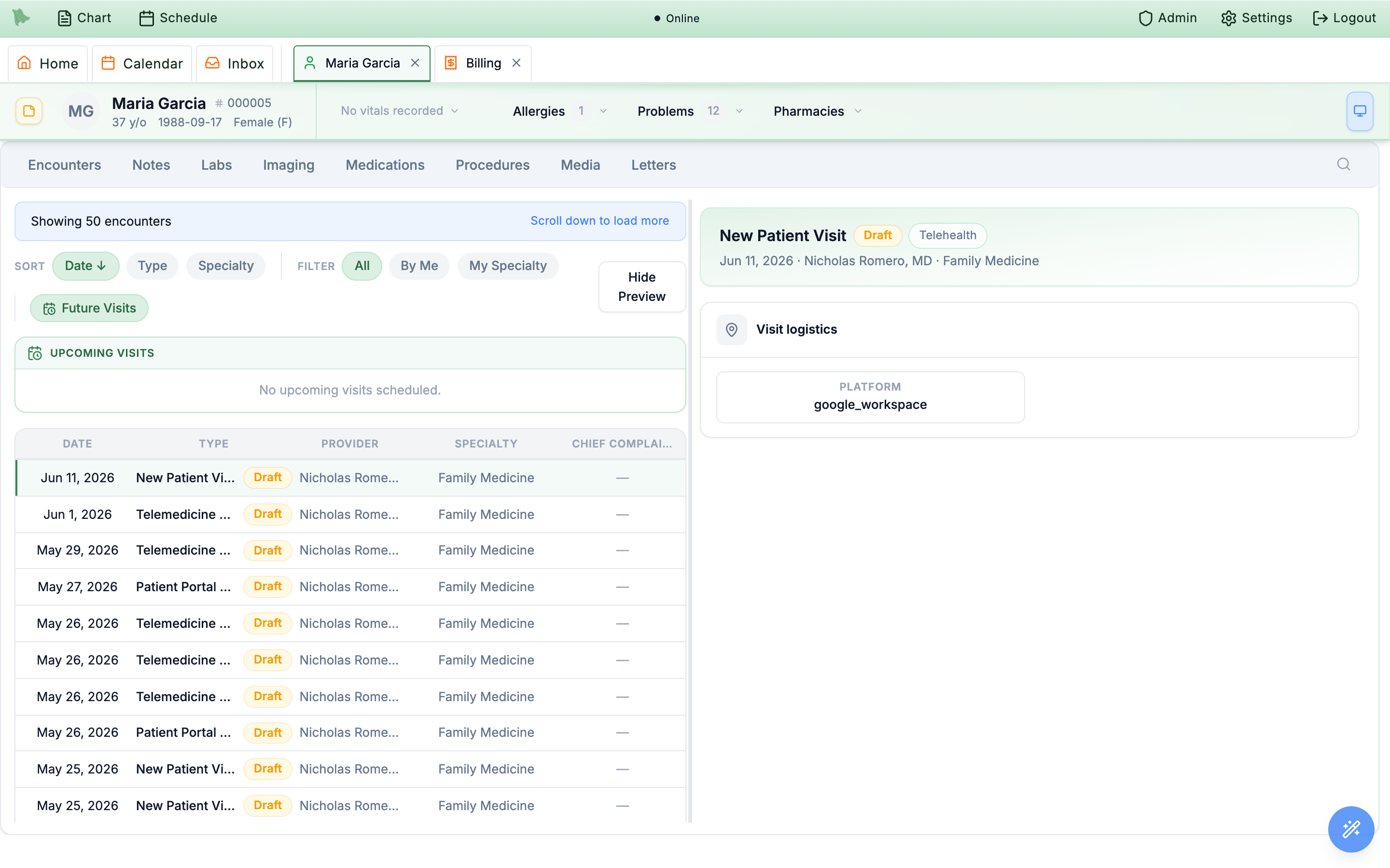 Encounters tab with the preview pane open, showing a New Patient Visit with Draft and Telehealth badges and a Visit logistics card