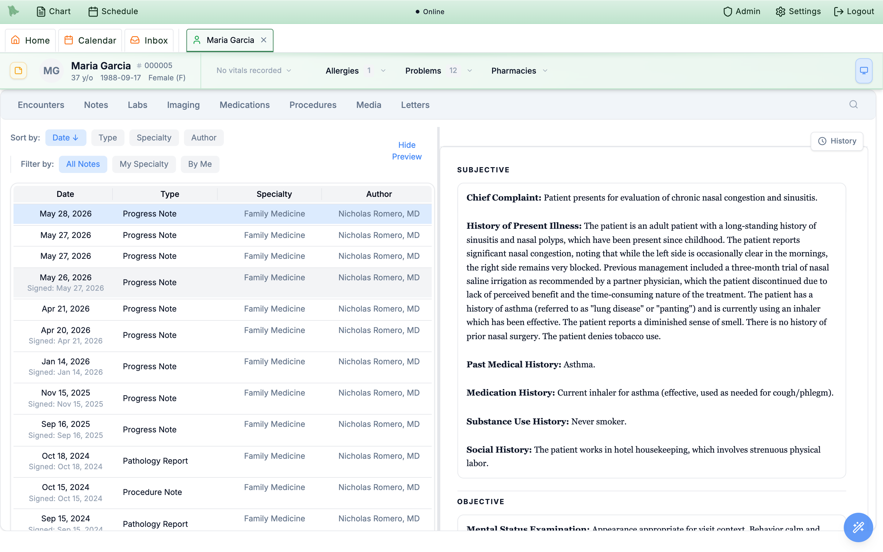 Notes tab with a sortable note list, a Progress Note selected, and its preview shown alongside
