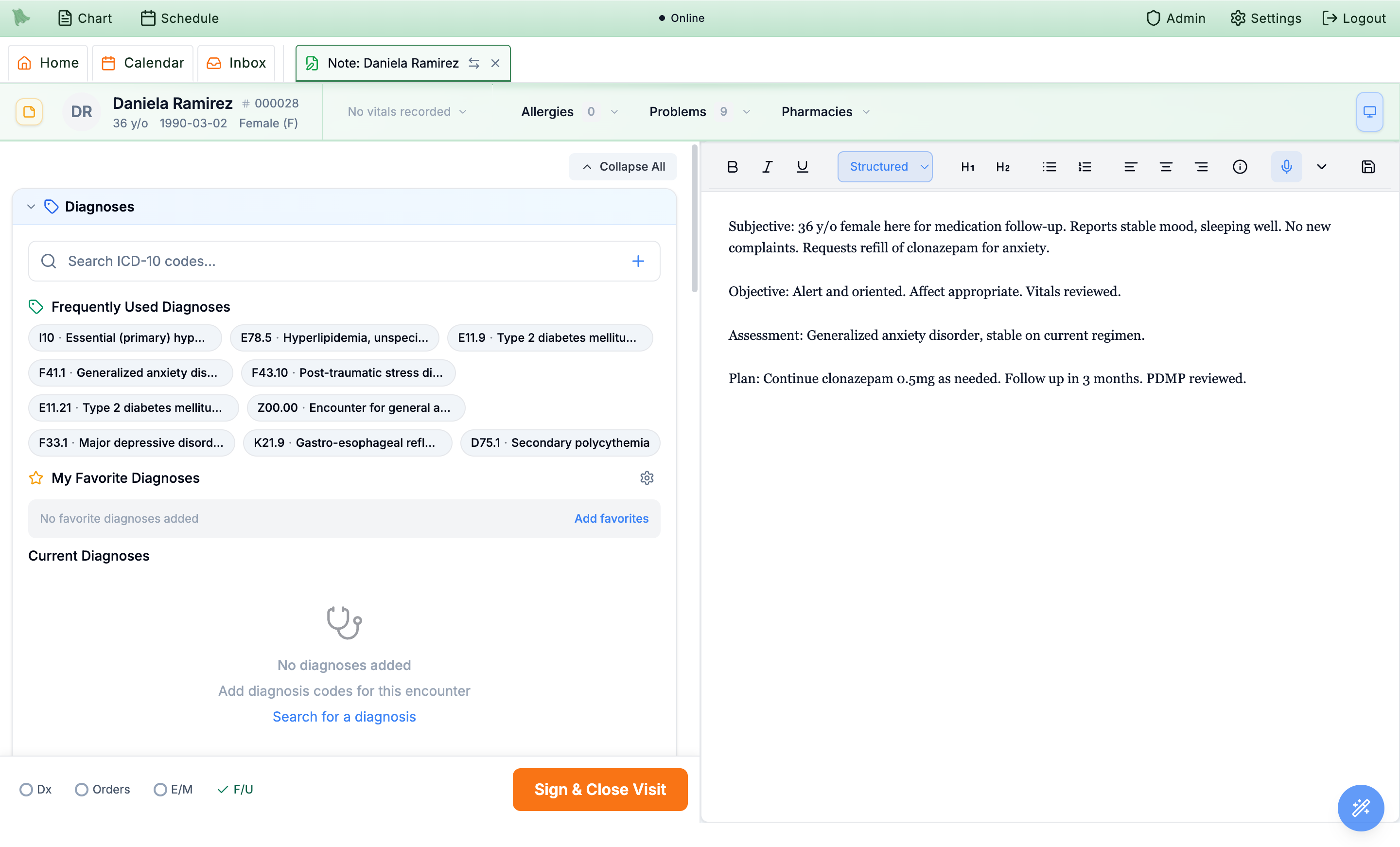 Diagnoses section with an ICD-10 search box, Frequently Used Diagnoses chips, a My Favorite Diagnoses area, and an empty Current Diagnoses list