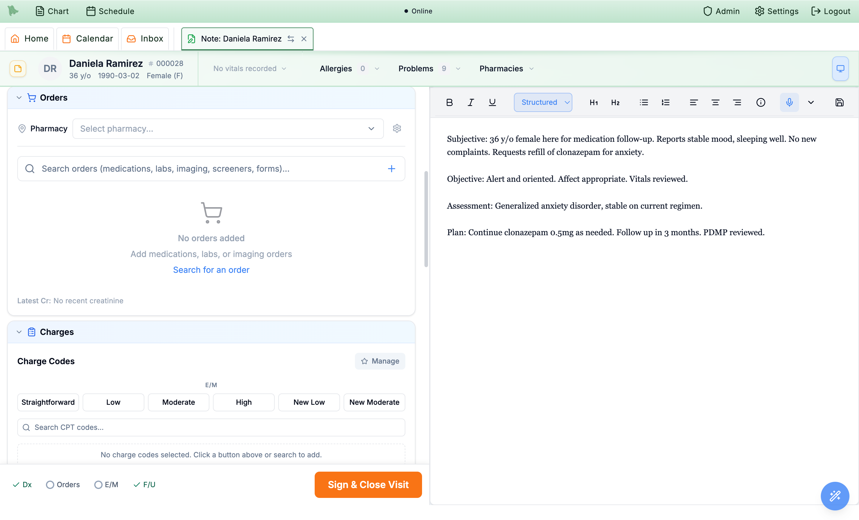 Orders section with a pharmacy selector, a unified search box for medications/labs/imaging/screeners/forms, and a Latest Cr renal indicator