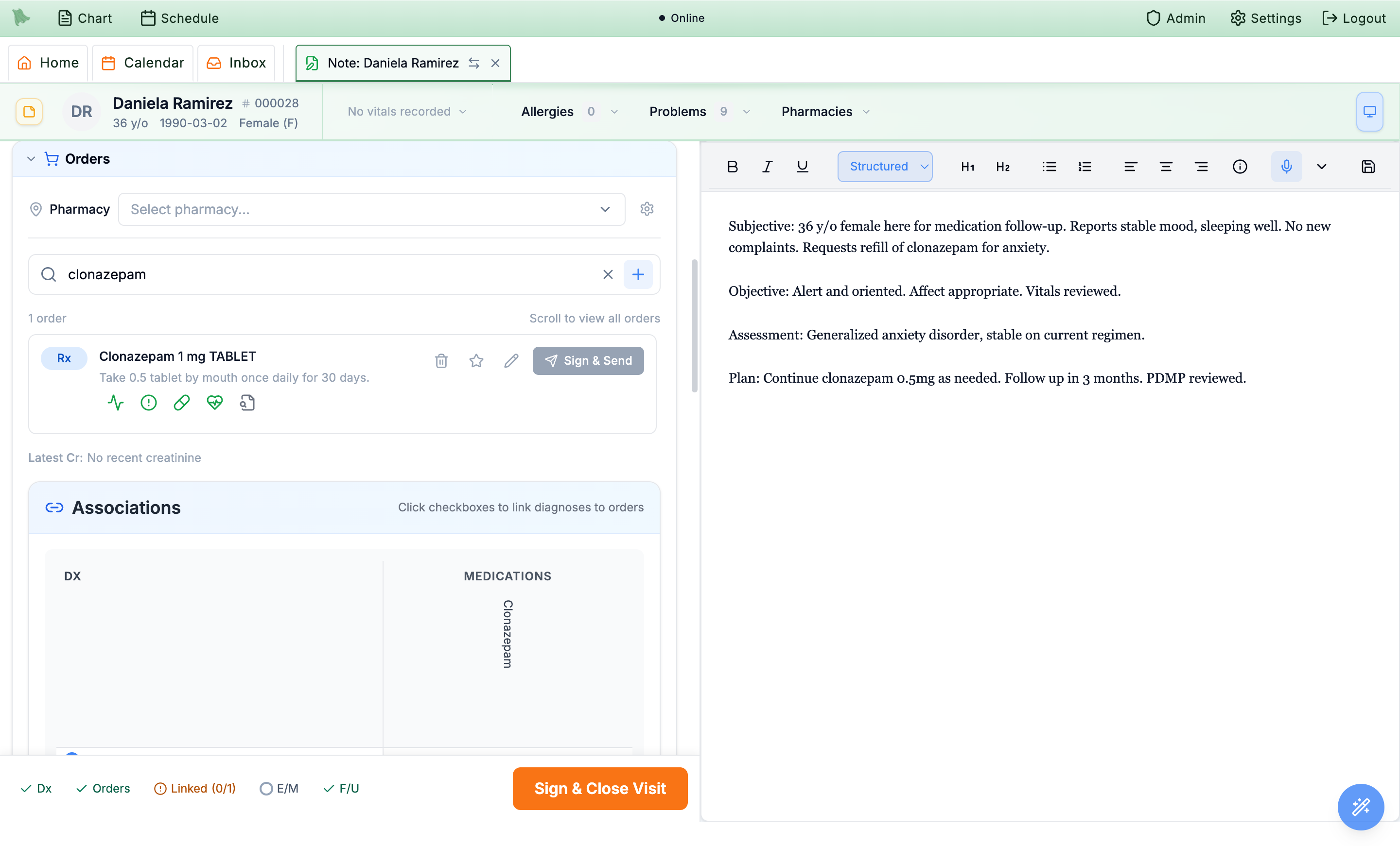 An added Clonazepam order with its sig and a Sign & Send button, above an Associations grid ready to link the F41.1 diagnosis to the Clonazepam order — the checkbox is not yet ticked and the footer tracker reads Linked 0 of 1