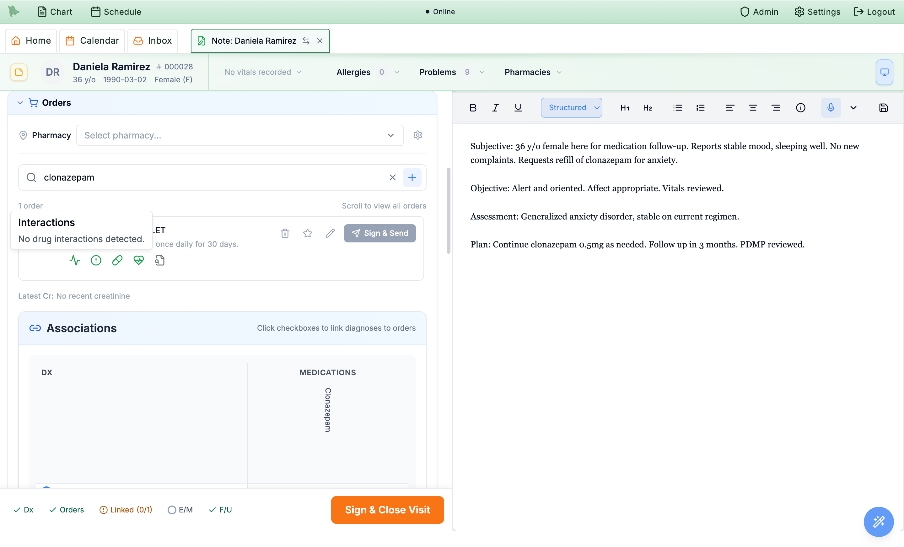 An order card with its row of Medication Hero safety-check icons and an open Interactions popover reading No drug interactions detected