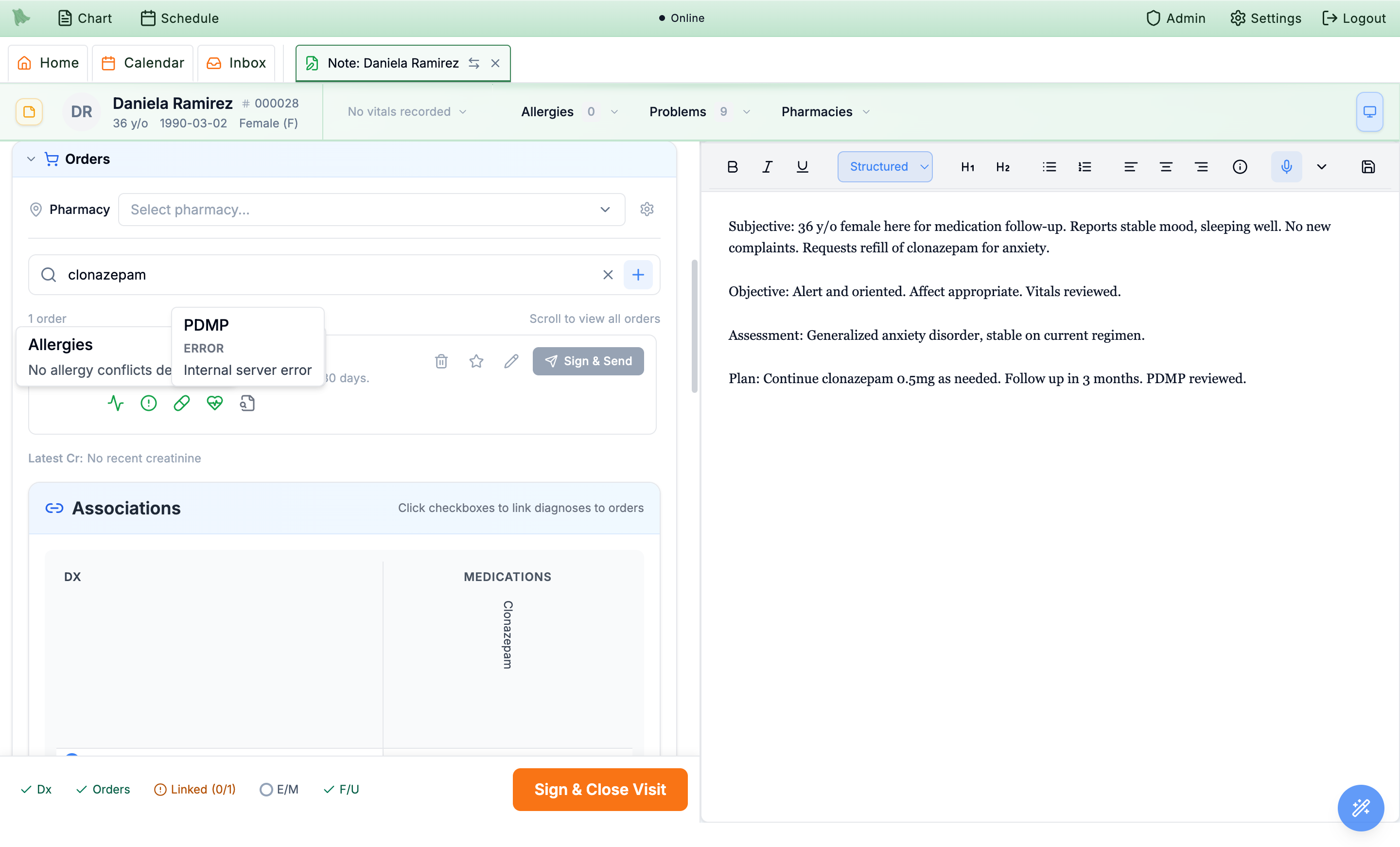 The same order card with the grey PDMP safety-check popover open, reading the not_checked status and PDMP check has not been completed for this patient