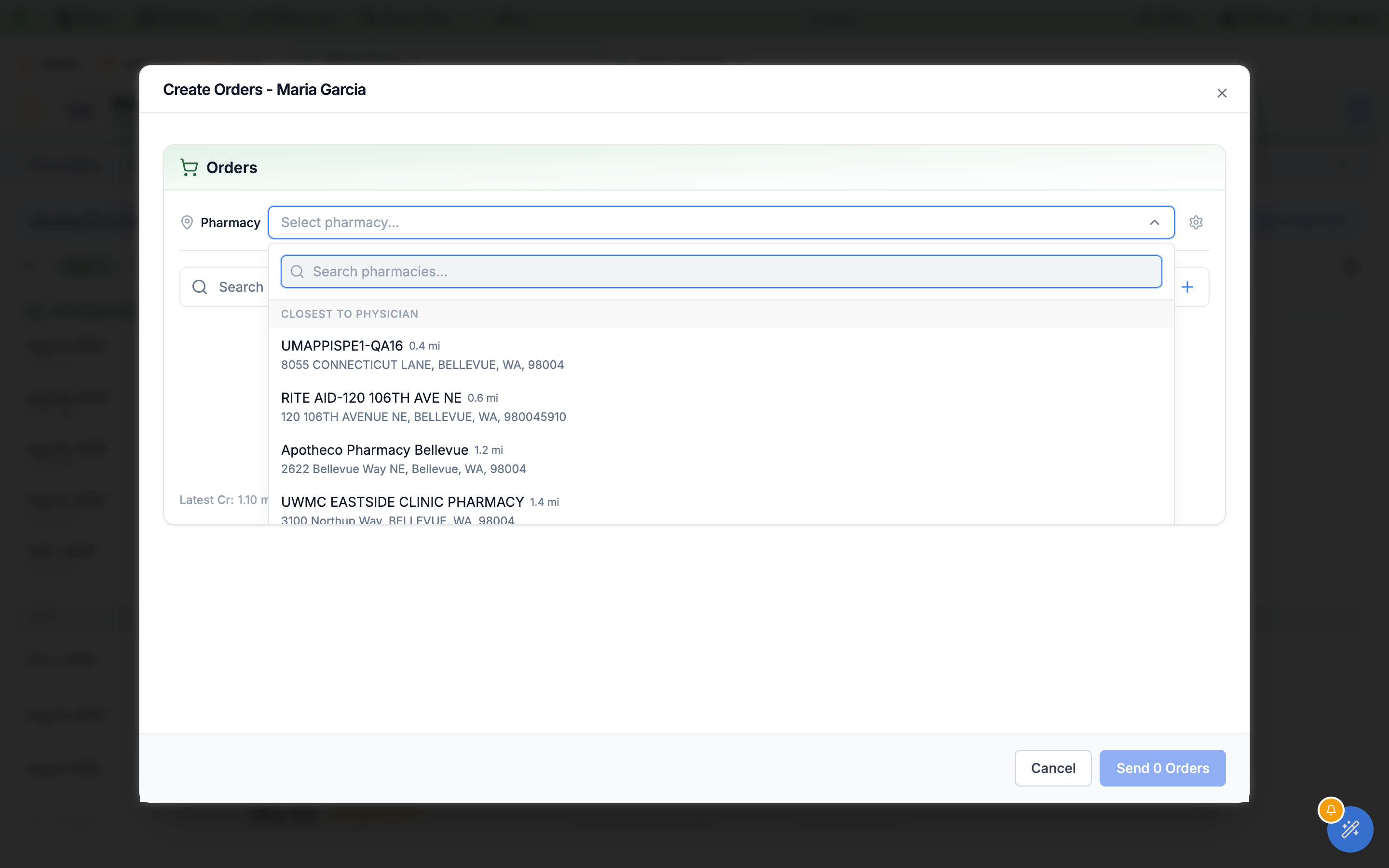 Pharmacy selector showing a searchable list sorted Closest to Physician with several Seattle pharmacies