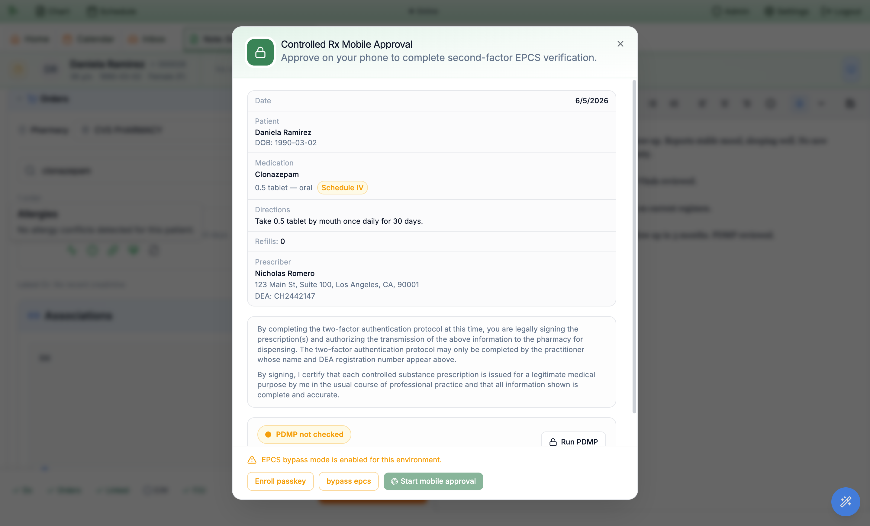 Controlled Rx Mobile Approval dialog showing the clonazepam Schedule IV prescription, prescriber DEA, the legal signing attestation, a PDMP not checked indicator with a Run PDMP button, and Enroll passkey / Start mobile approval actions