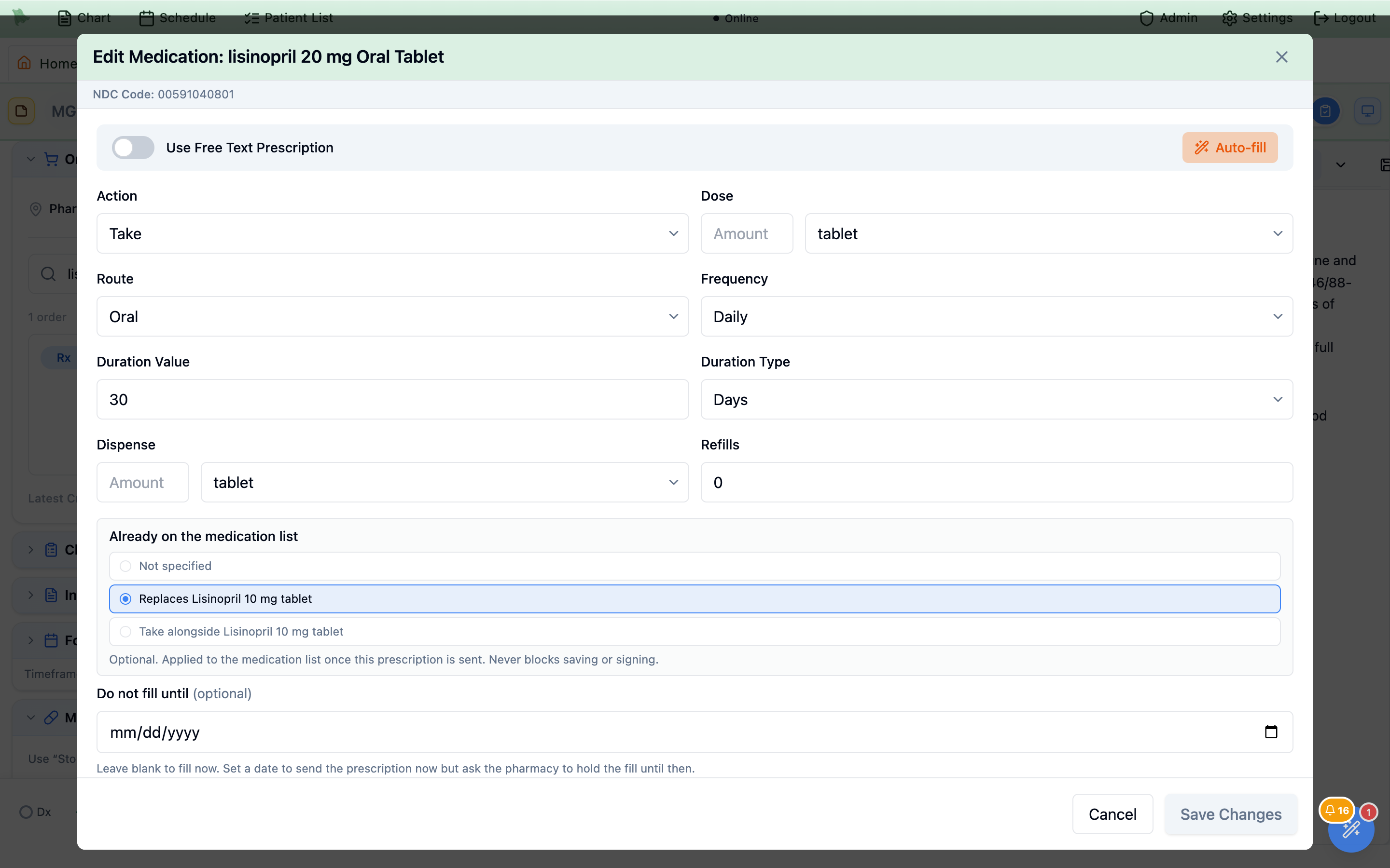 Edit Medication dialog for lisinopril 20 mg Oral Tablet with the Already on the medication list block offering Not specified, Replaces Lisinopril 10 mg tablet (pre-selected) and Take alongside Lisinopril 10 mg tablet