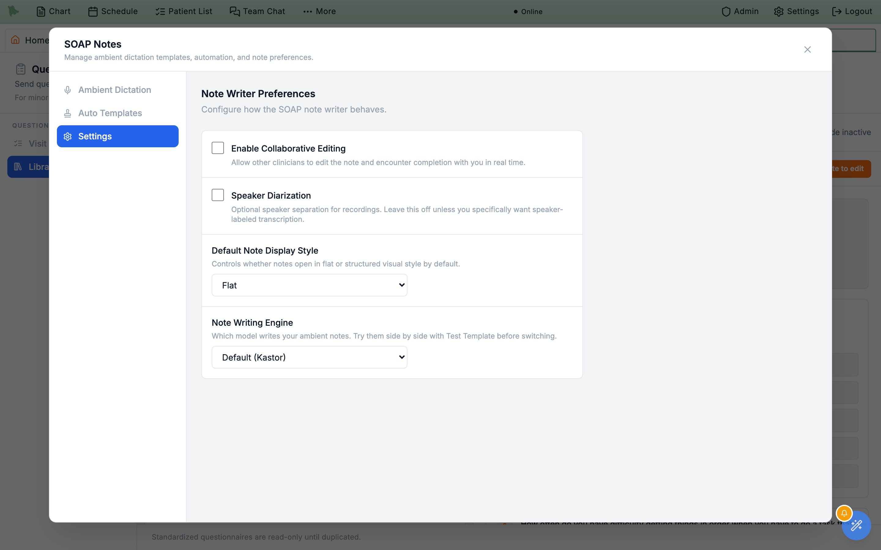 Note Writer Preferences panel with an Enable Collaborative Editing checkbox and its description, alongside Speaker Diarization and Default Note Display Style options