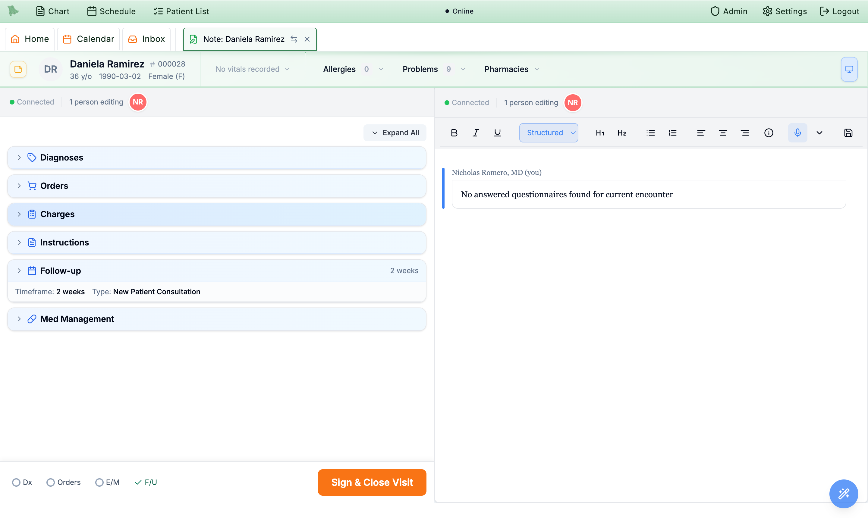 A live encounter note with a presence bar showing a green Connected dot, a 1 person editing count, and the clinician's colored initial-avatar marked Active now