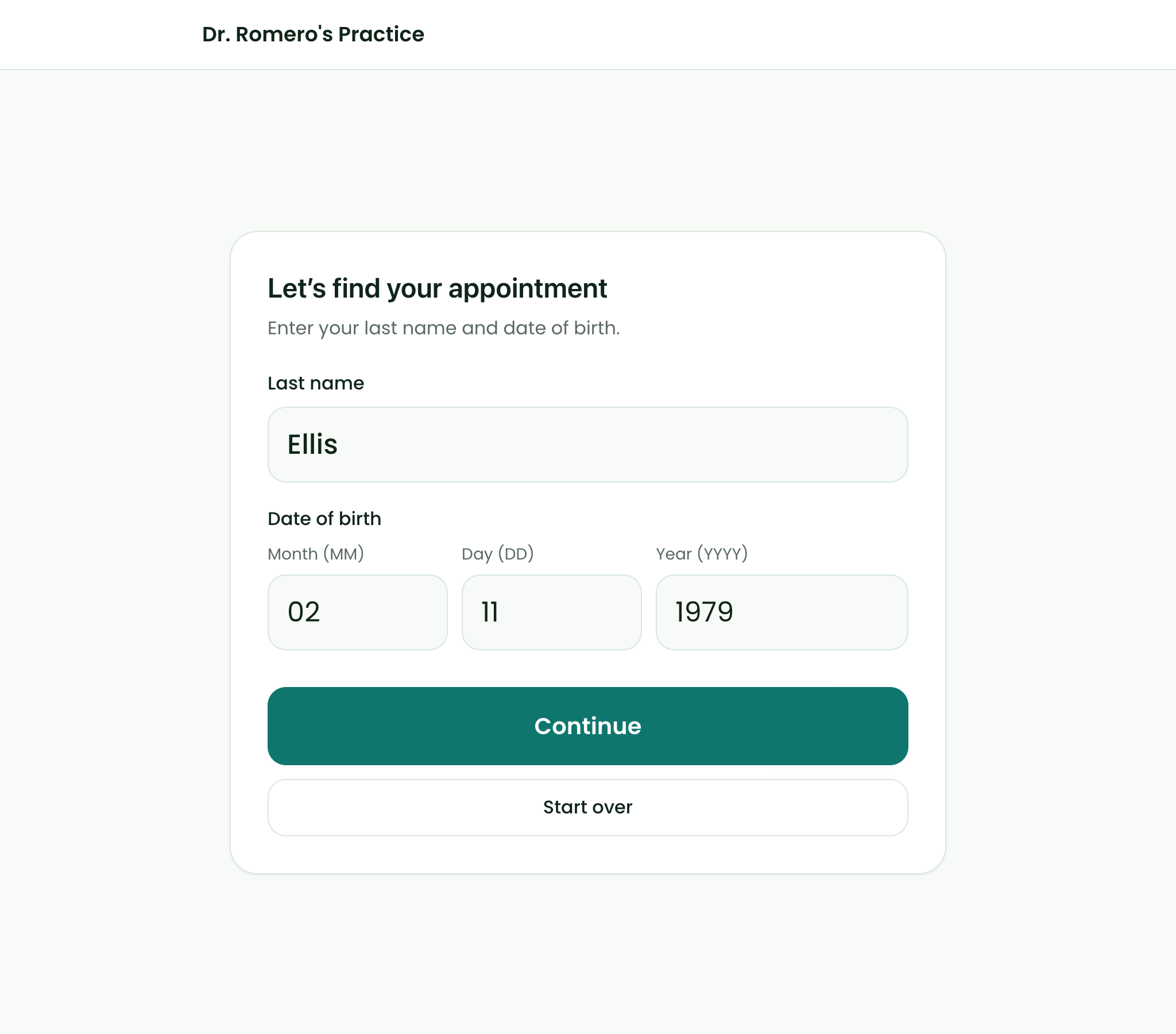 Walk-up tablet screen titled Let's find your appointment with a Last name field and Month, Day and Year date of birth fields, a Continue button and a Start over button