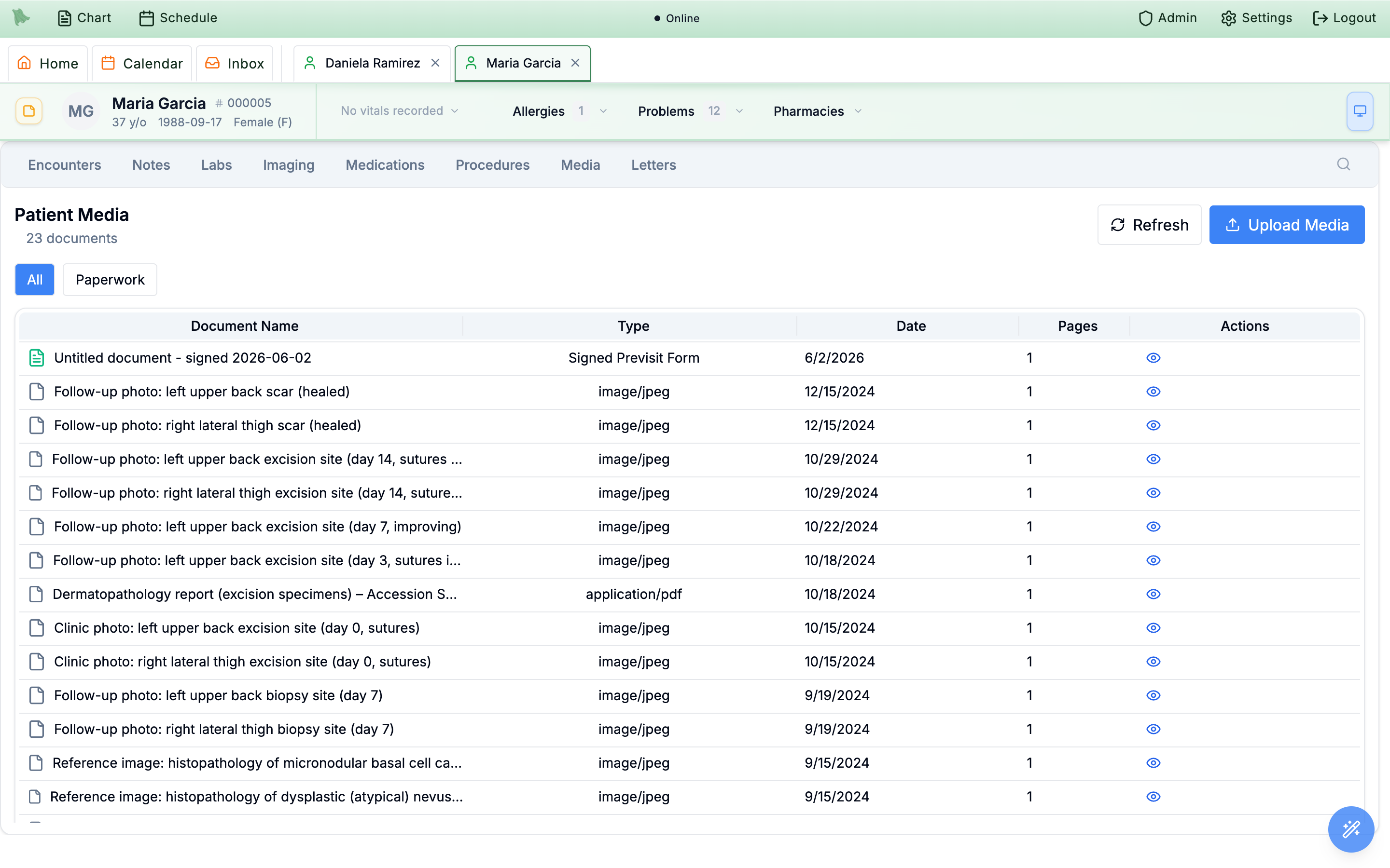 Patient Media tab showing 23 documents, All and Paperwork filter chips, Refresh and Upload Media buttons, and a table with Document Name, Type, Date, Pages, and Actions columns