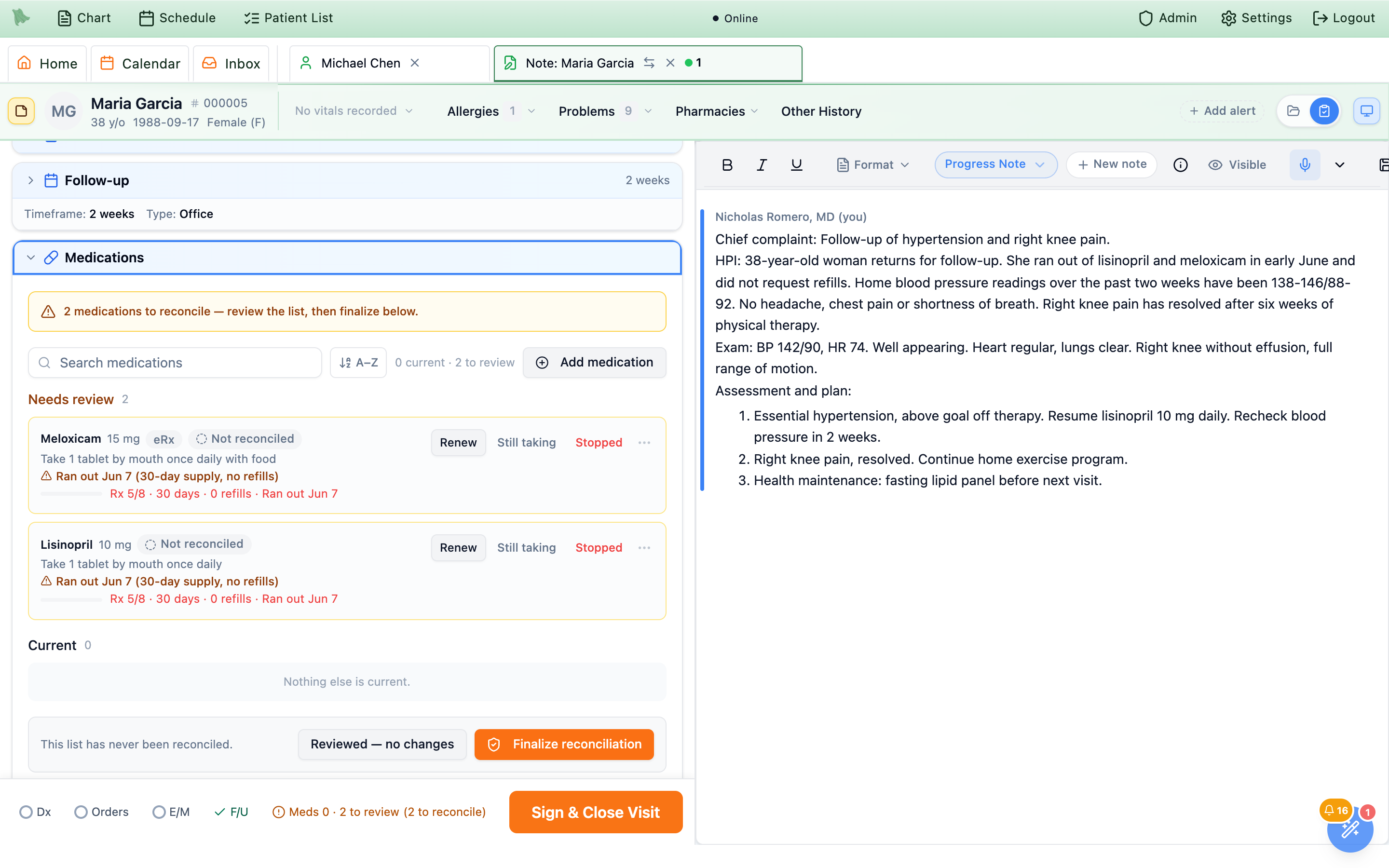 Encounter Medications workspace with the amber banner 2 medications to reconcile, a toolbar with Search medications, A–Z, the summary 0 current · 2 to review and an Add medication button, a Needs review group whose rows carry Not reconciled badges and Renew, Still taking and Stopped buttons, an empty Current group, and a finalize bar reading This list has never been reconciled with Reviewed — no changes and Finalize reconciliation buttons