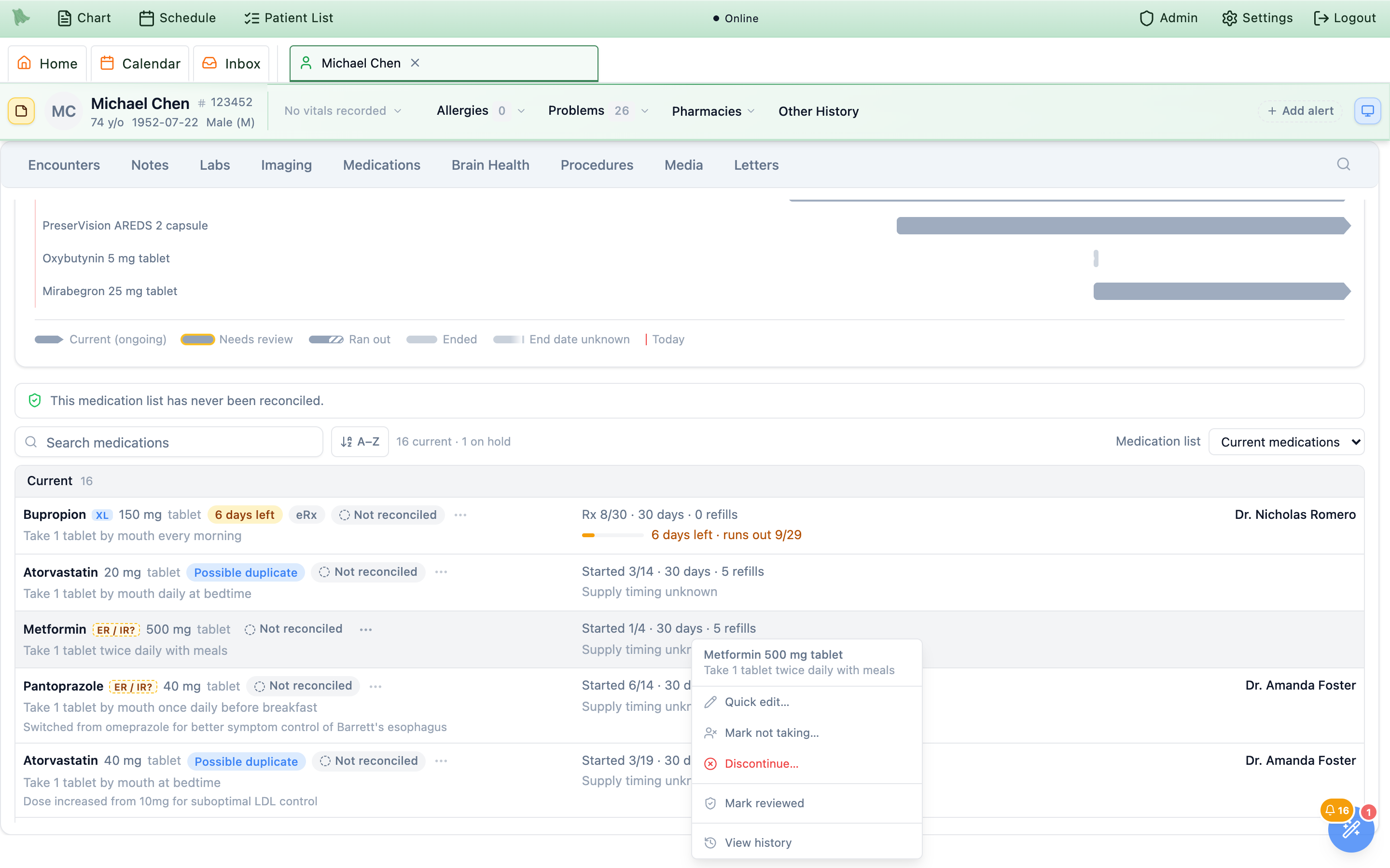 Chart Medications tab with Not reconciled badges on each Current row and a right-click menu for Metformin 500 mg tablet offering Quick edit, Mark not taking, Discontinue, Mark reviewed and View history