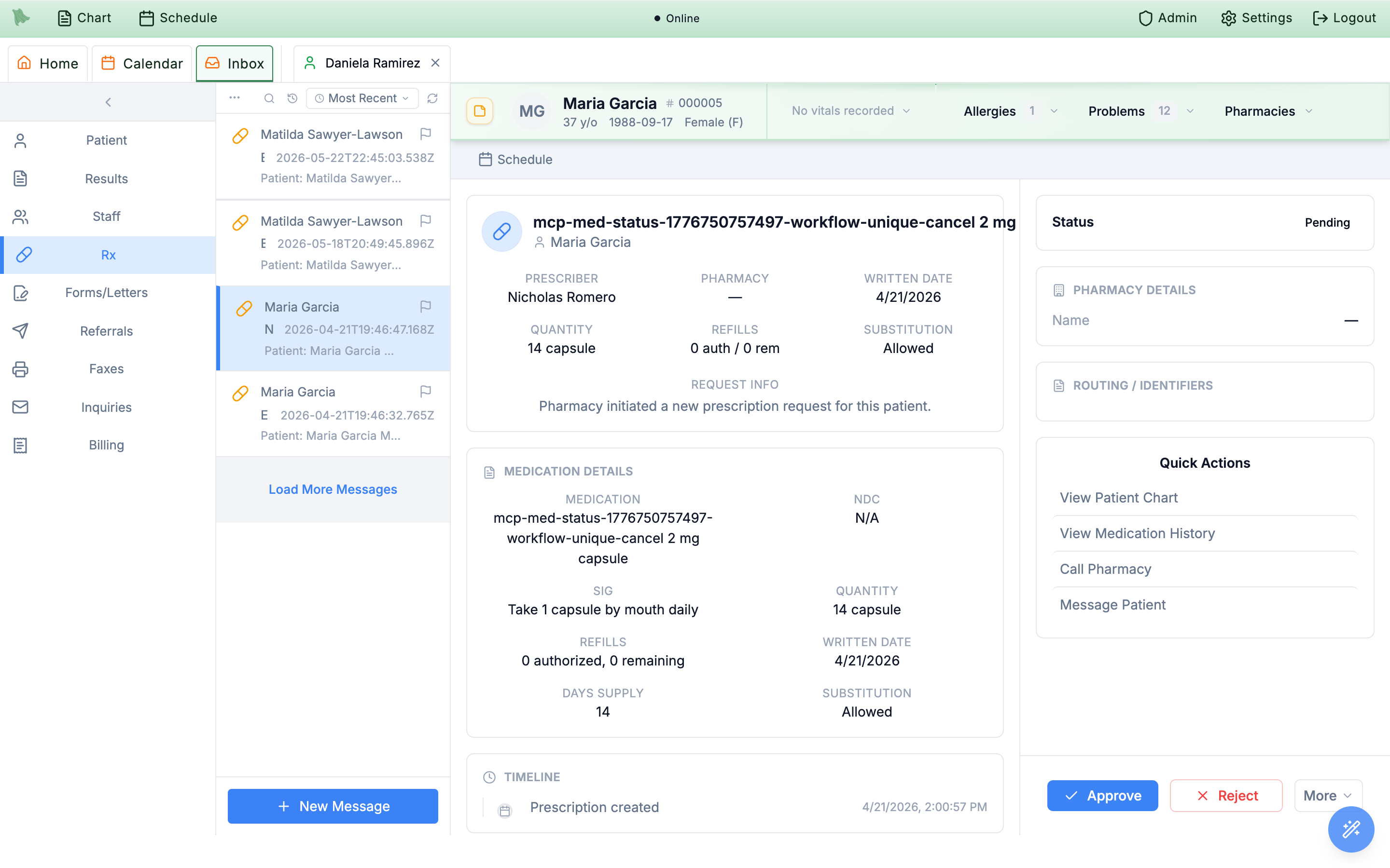Rx inbox view with a pending New Prescription request selected: Status Pending, a Prescriber / Pharmacy / Written Date grid, Medication Details and Timeline cards, a Quick Actions panel on the right, and Approve, Reject and More buttons