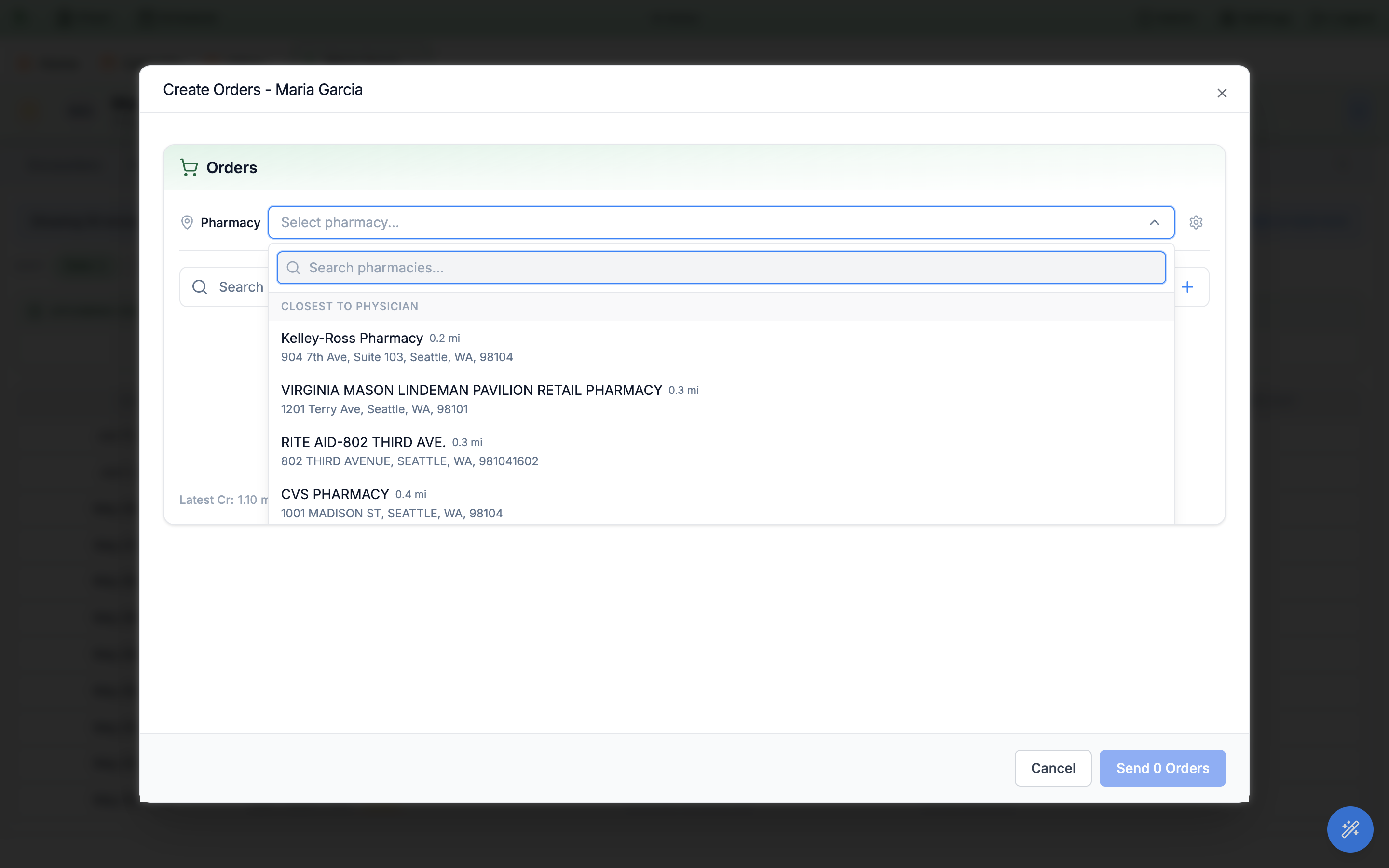 Pharmacy dropdown open inside Create Orders with a Search pharmacies box and a Closest to Physician list of pharmacies with distances