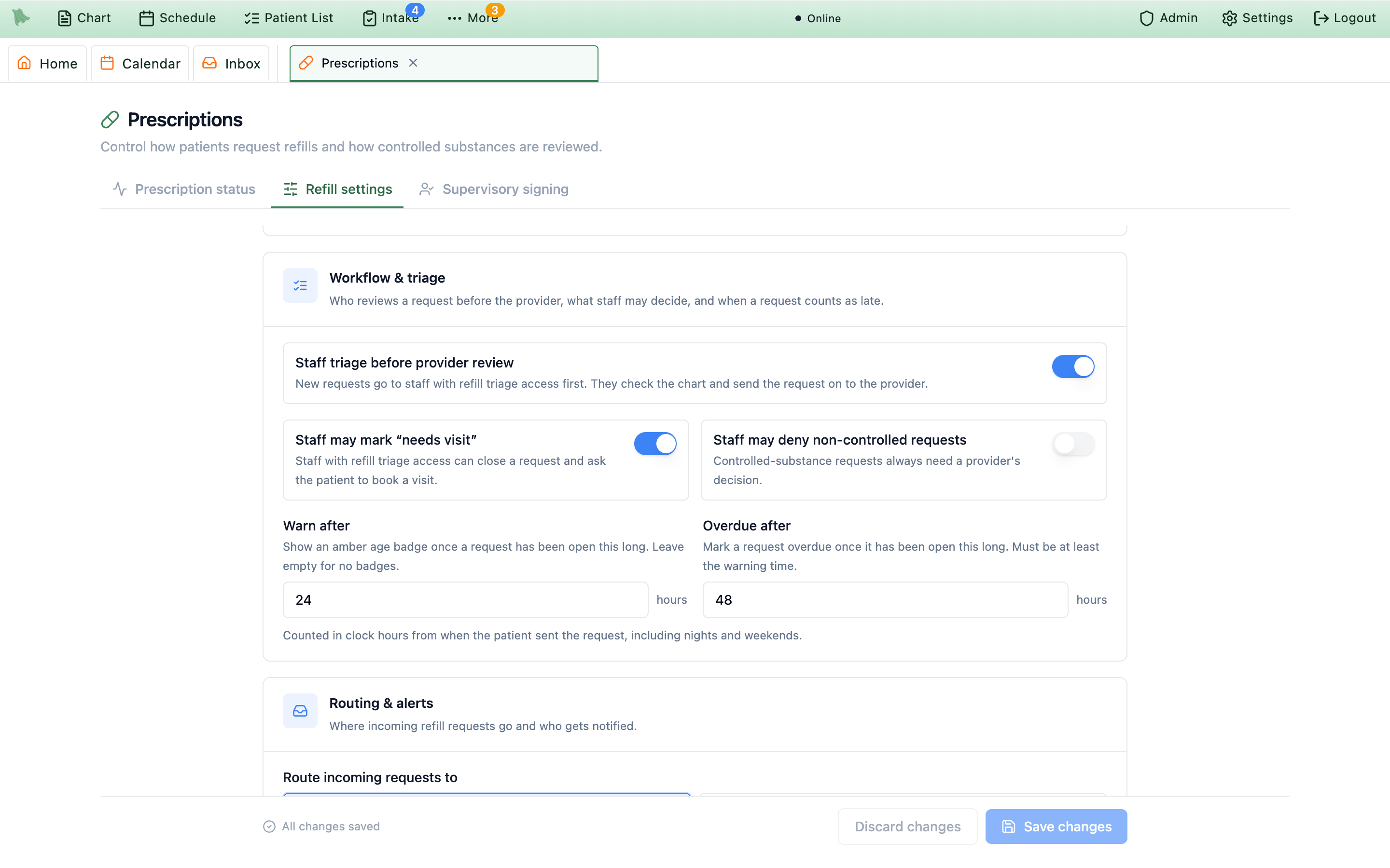 The Workflow and triage card in Refill settings with Staff triage before provider review switched on, Staff may mark needs visit on, Staff may deny non-controlled requests off, and Warn after 24 hours and Overdue after 48 hours