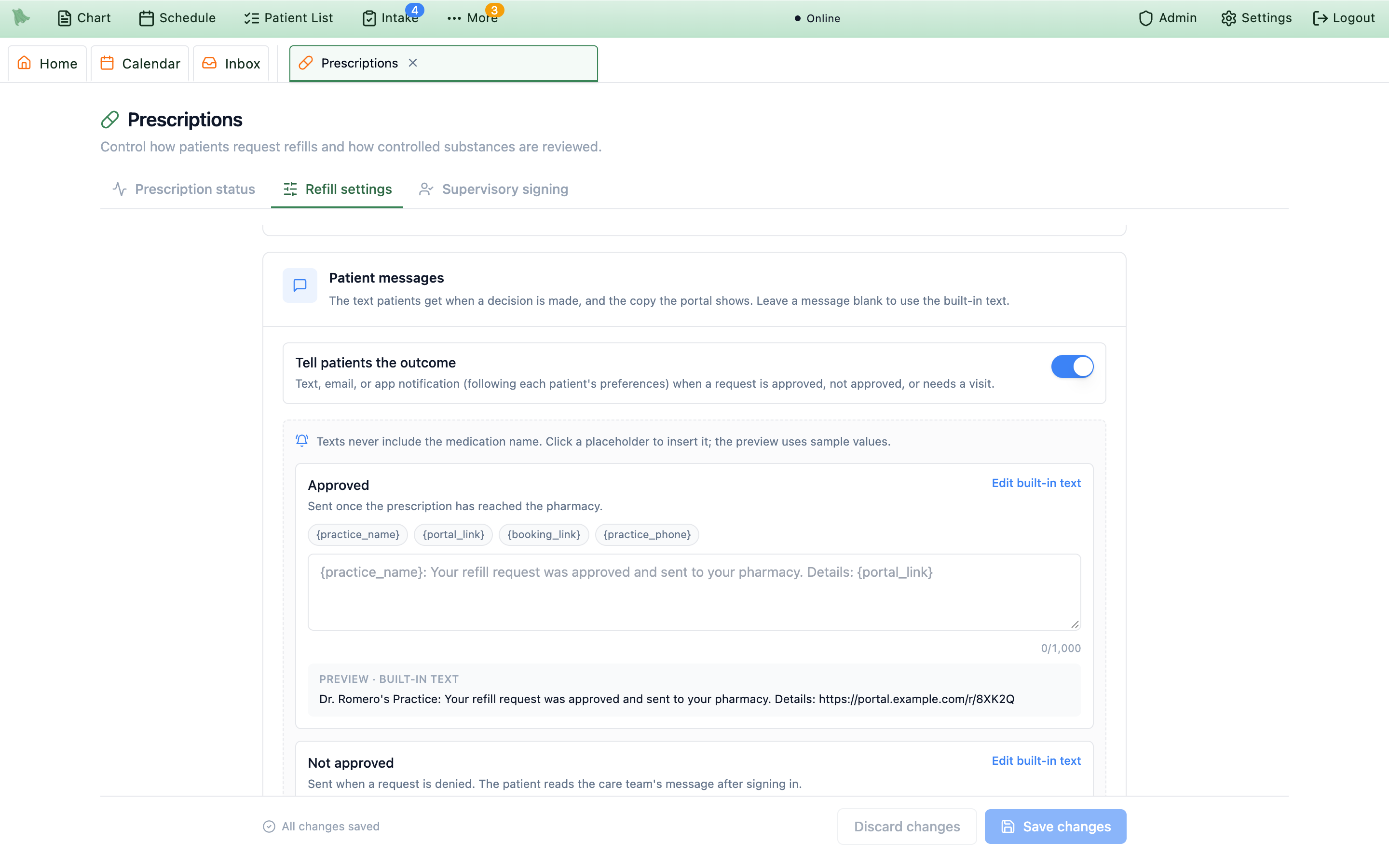 The Patient messages card with Tell patients the outcome switched on, a note that texts never include the medication name, and the Approved template showing placeholder chips for practice_name, portal_link, booking_link and practice_phone above a preview of the built-in text