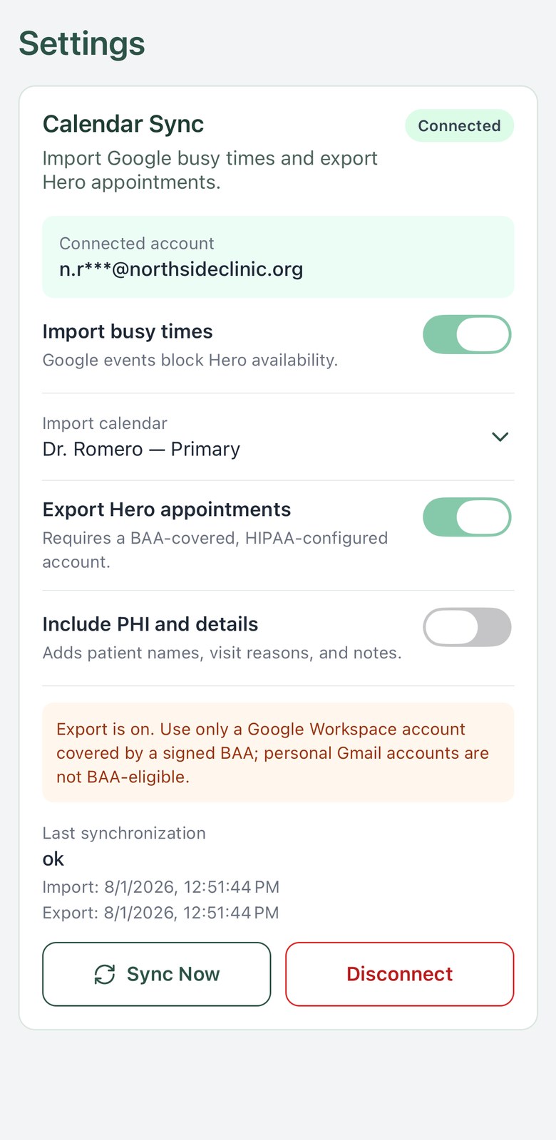 Calendar sync settings on iPhone: connected account, import and export switches, the PHI toggle, last sync times and a Sync Now button