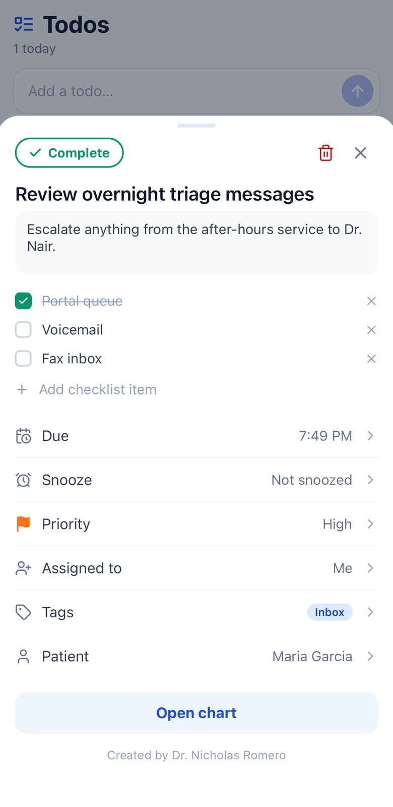Todo detail sheet with notes, a checklist, and rows for due date, snooze, priority, assignee, tags and patient