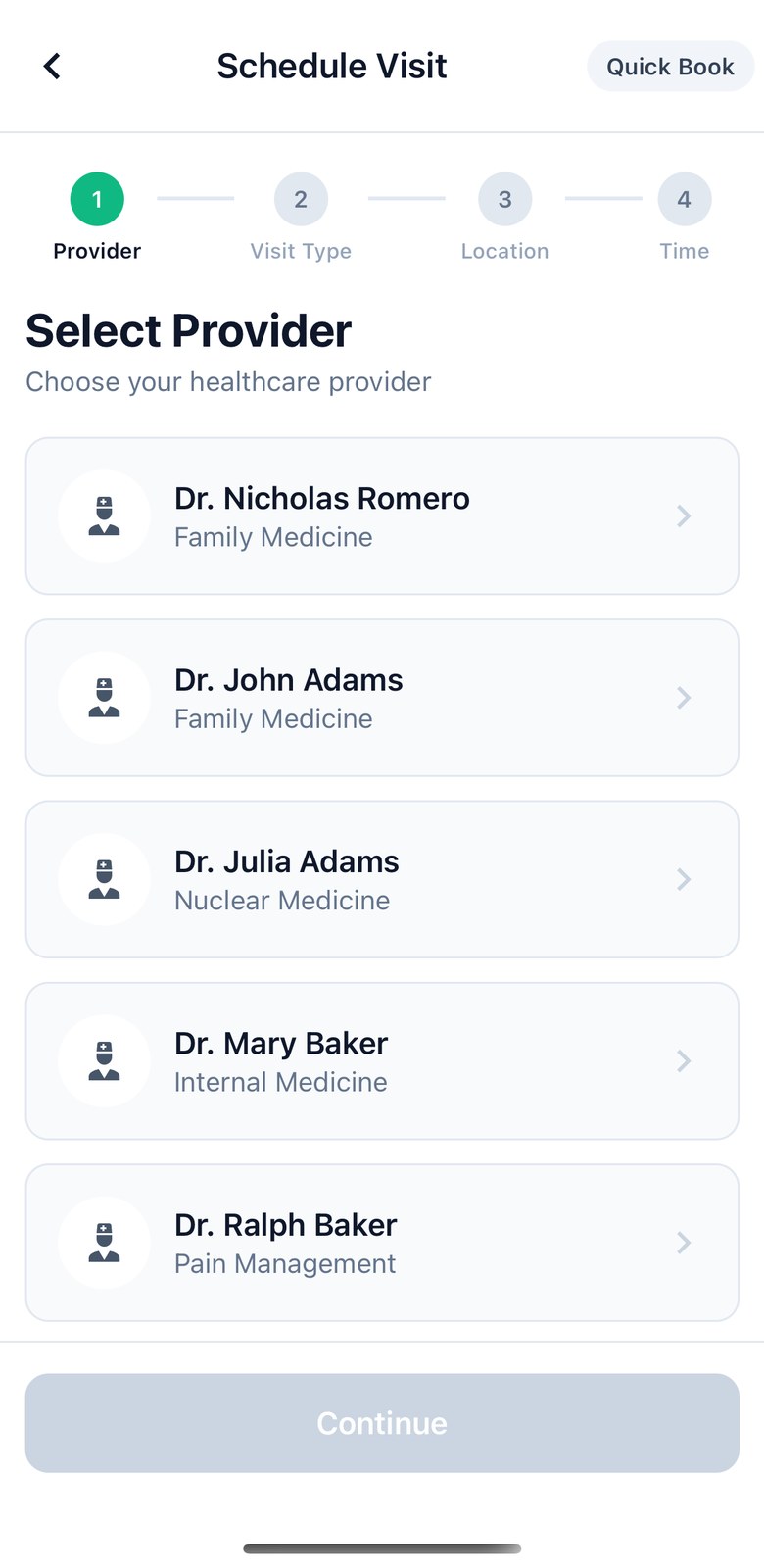 Patient booking wizard, step one: choosing a provider